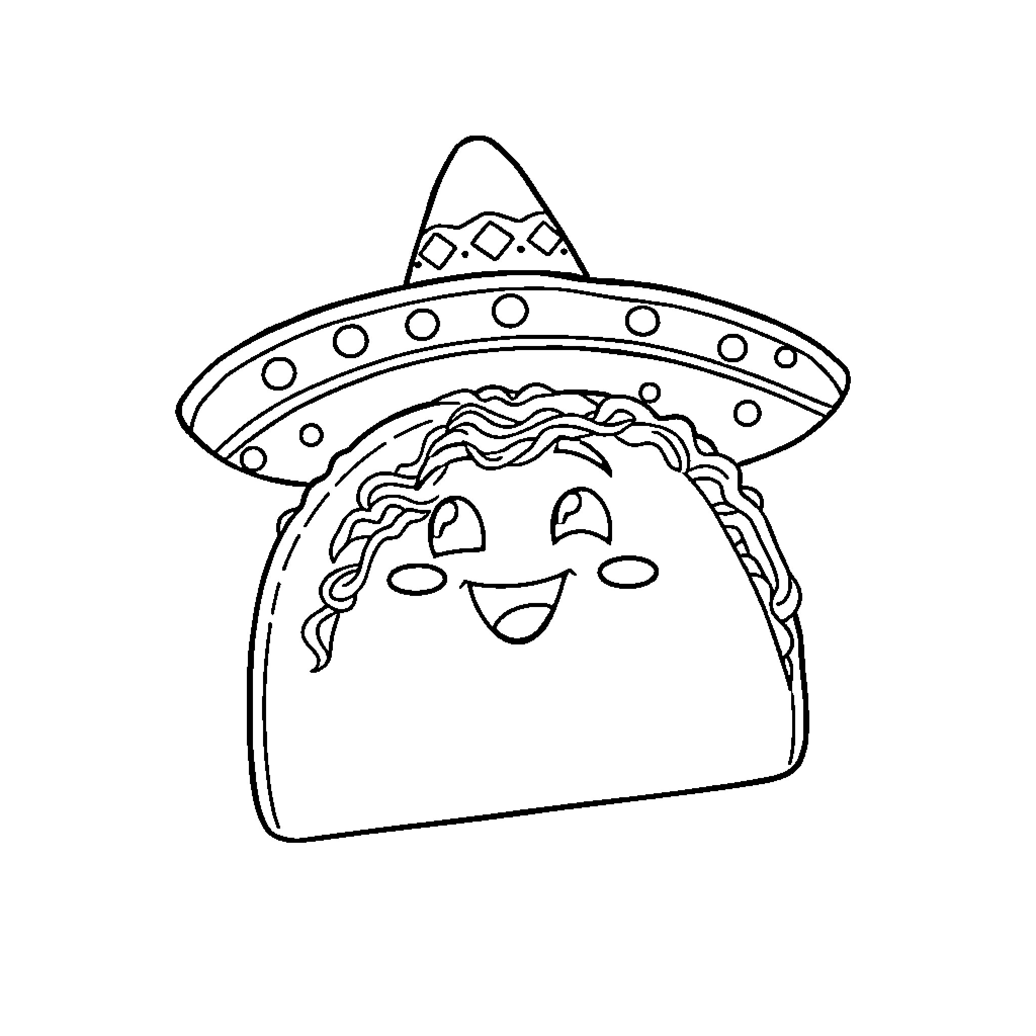 Taco wearing a festive sombrero Coloring Page (free black-and-white line drawing printable PDF for all, from beginners to advanced learners, including children, teens, adults, and seniors)
