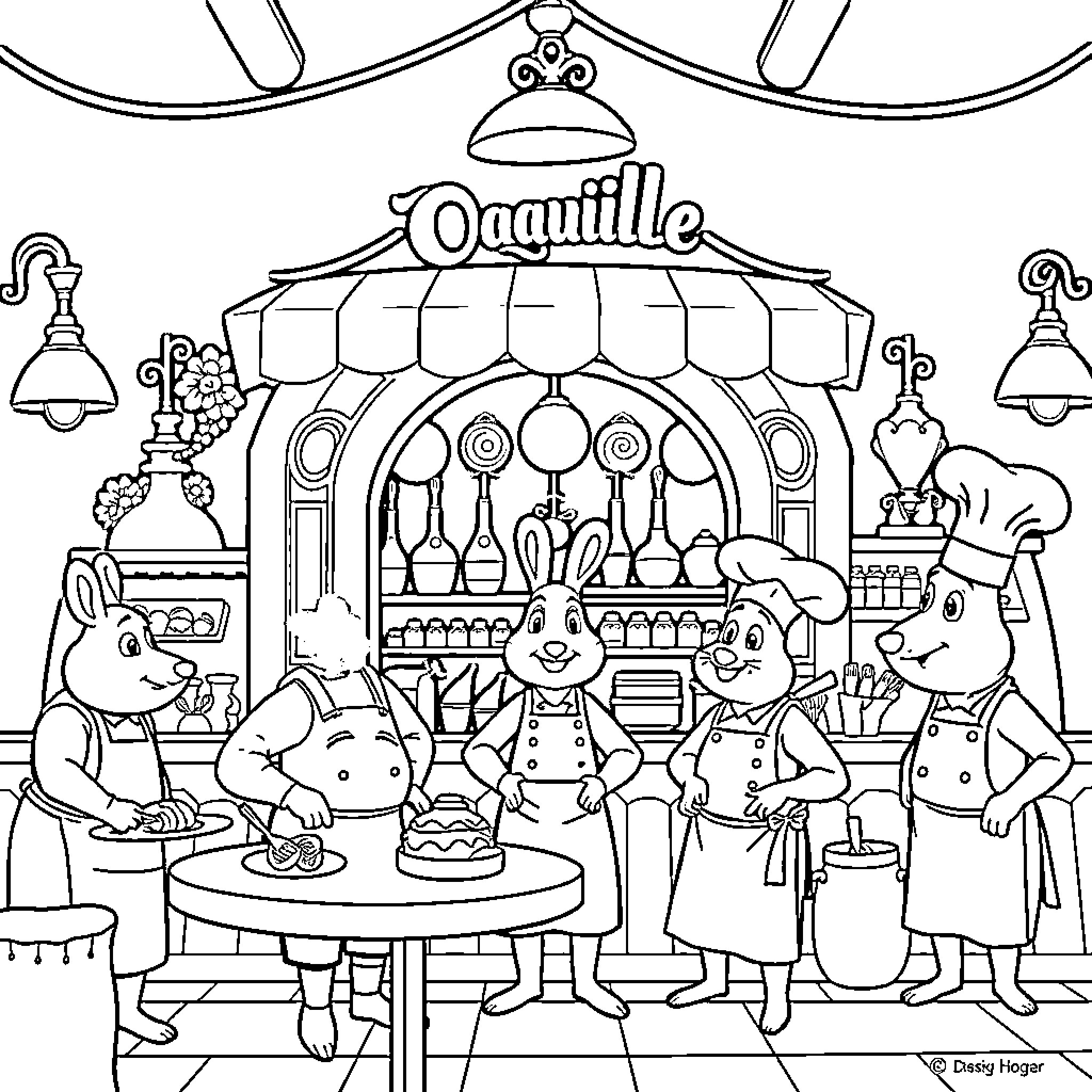 Ratatouille - Cartoon Characters Cooking in a Restaurant Coloring Page (free black-and-white line drawing printable PDF for all, from beginners to advanced learners, including children, teens, adults, and seniors)