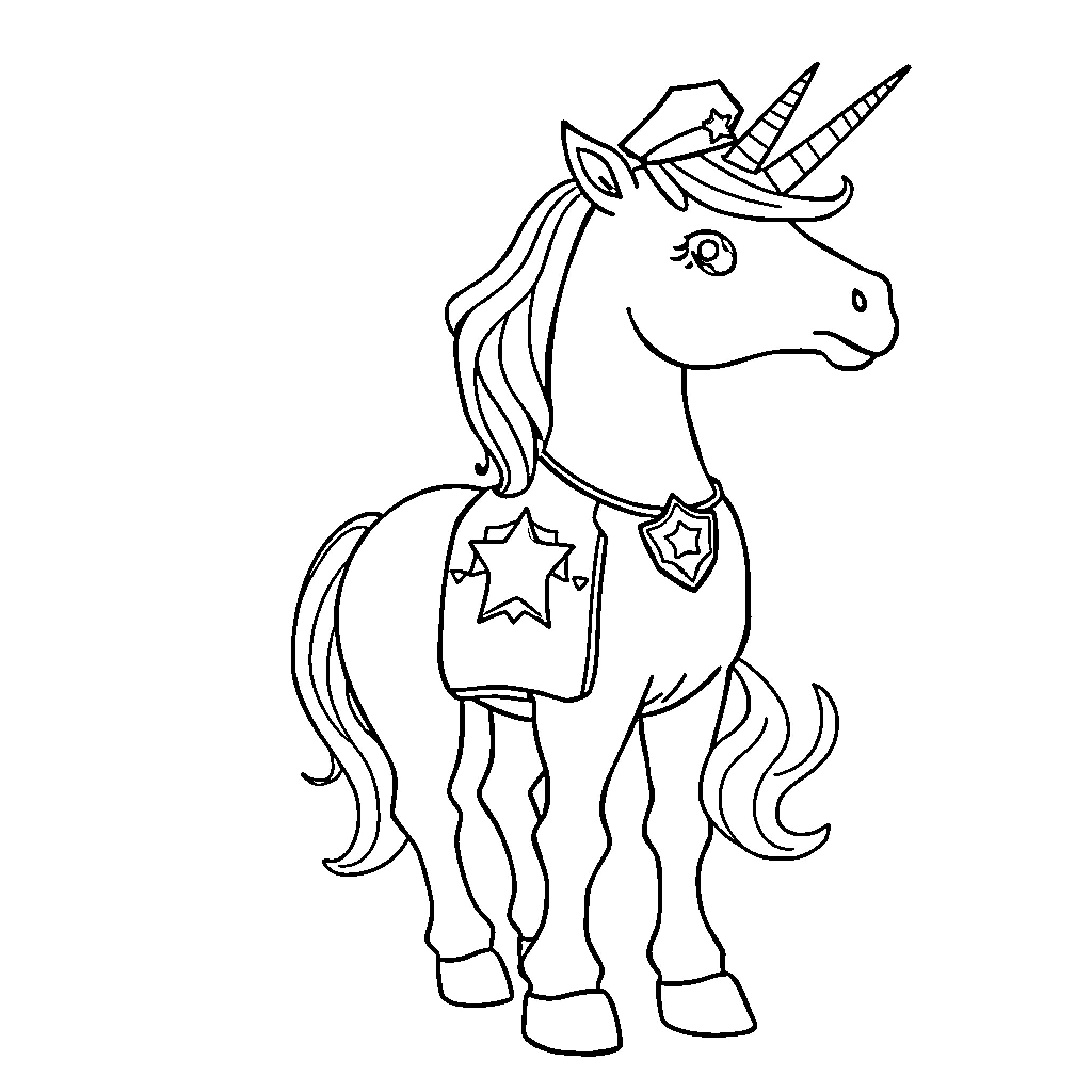 Unicorn with star-patterned outfit and accessories Coloring Page (free black-and-white line drawing printable PDF for all, from beginners to advanced learners, including children, teens, adults, and seniors)