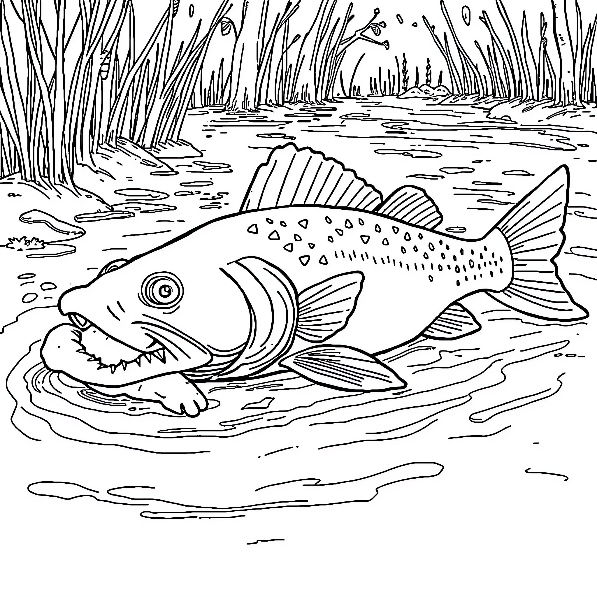 Catfish swimming in a pond with reeds Coloring Page (free black-and-white line drawing printable PDF for all, from beginners to advanced learners, including children, teens, adults, and seniors)
