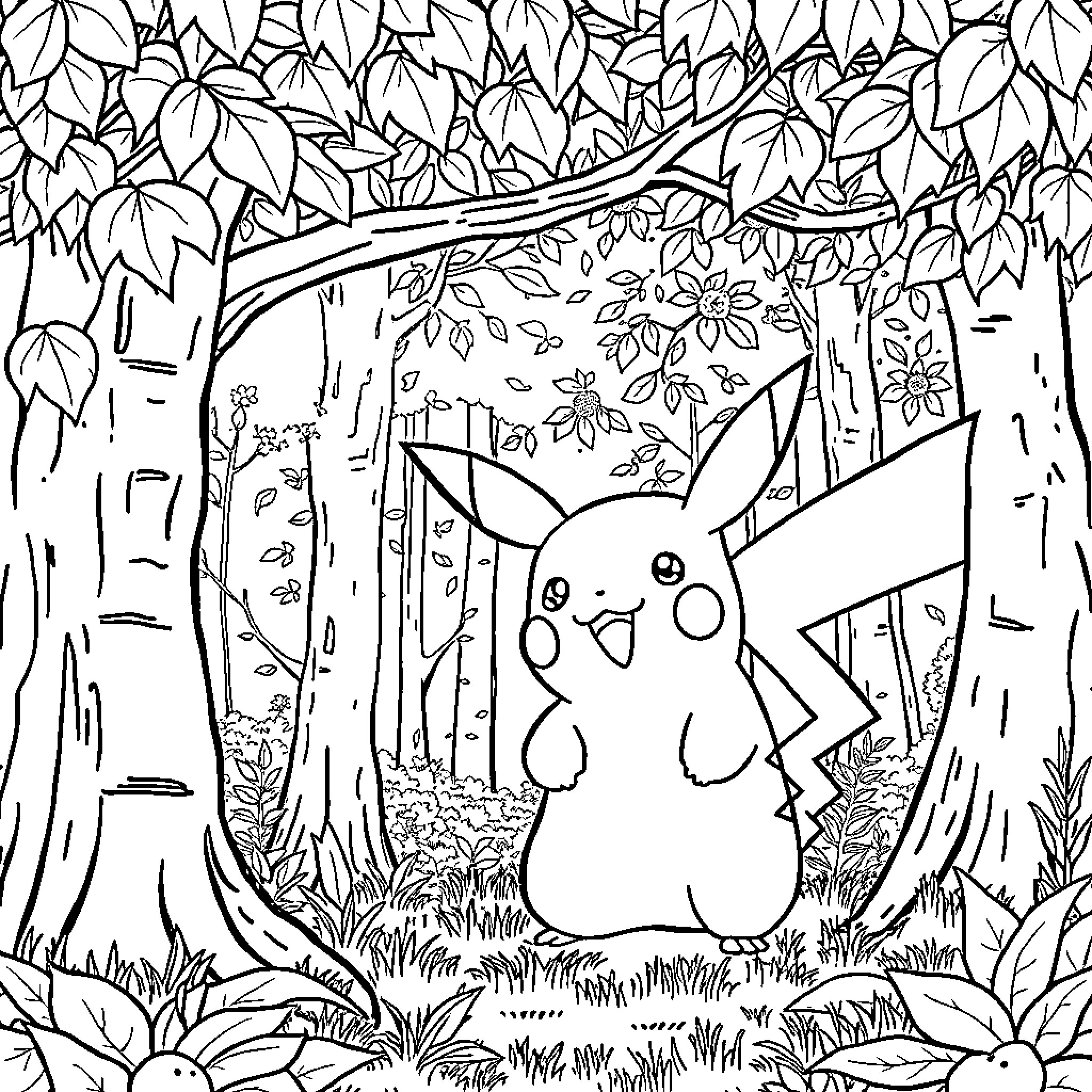 Pikachu exploring the enchanted forest Coloring Page (free black-and-white line drawing printable PDF for all, from beginners to advanced learners, including children, teens, adults, and seniors)