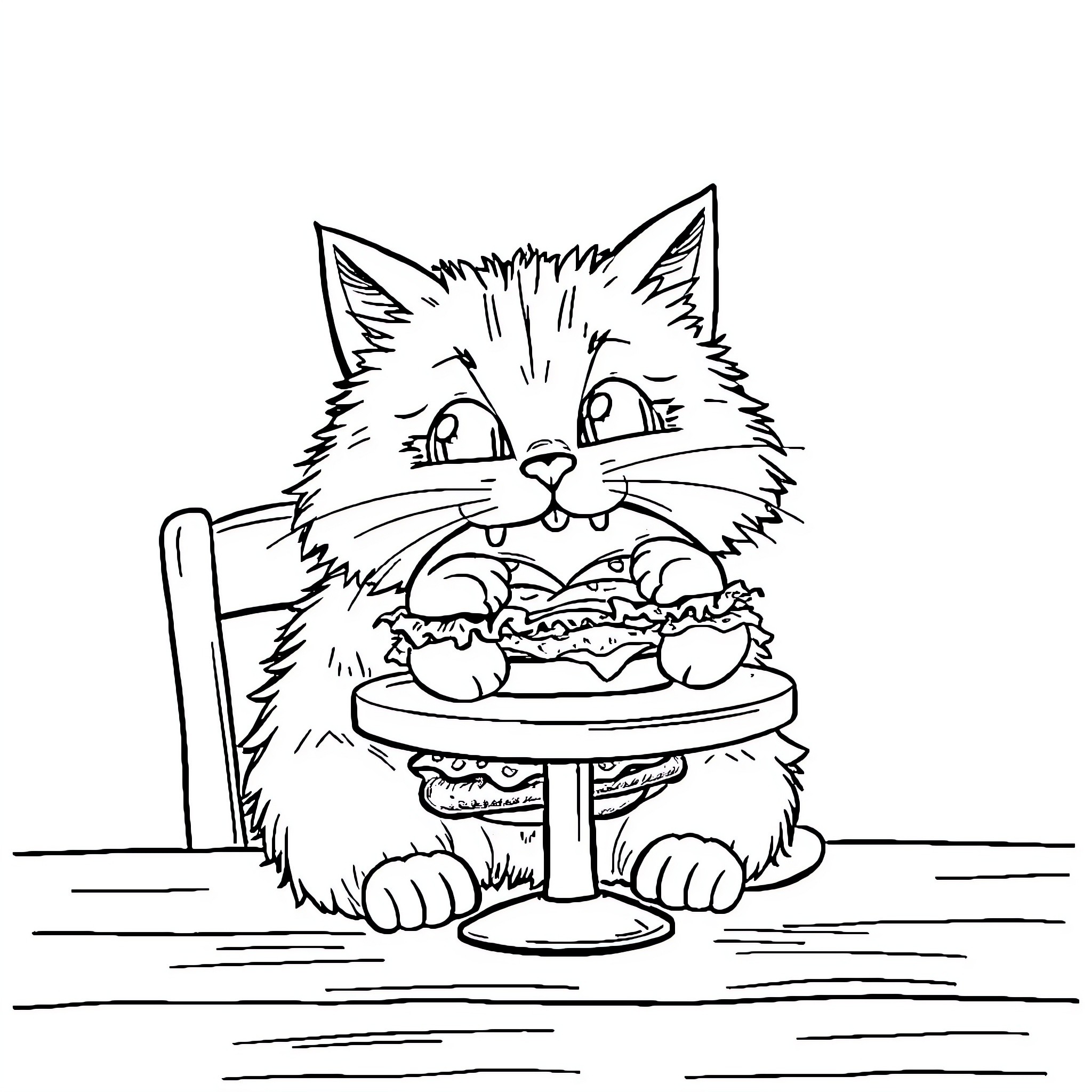 Cat enjoying a delicious dessert Coloring Page (free black-and-white line drawing printable PDF for all, from beginners to advanced learners, including children, teens, adults, and seniors)