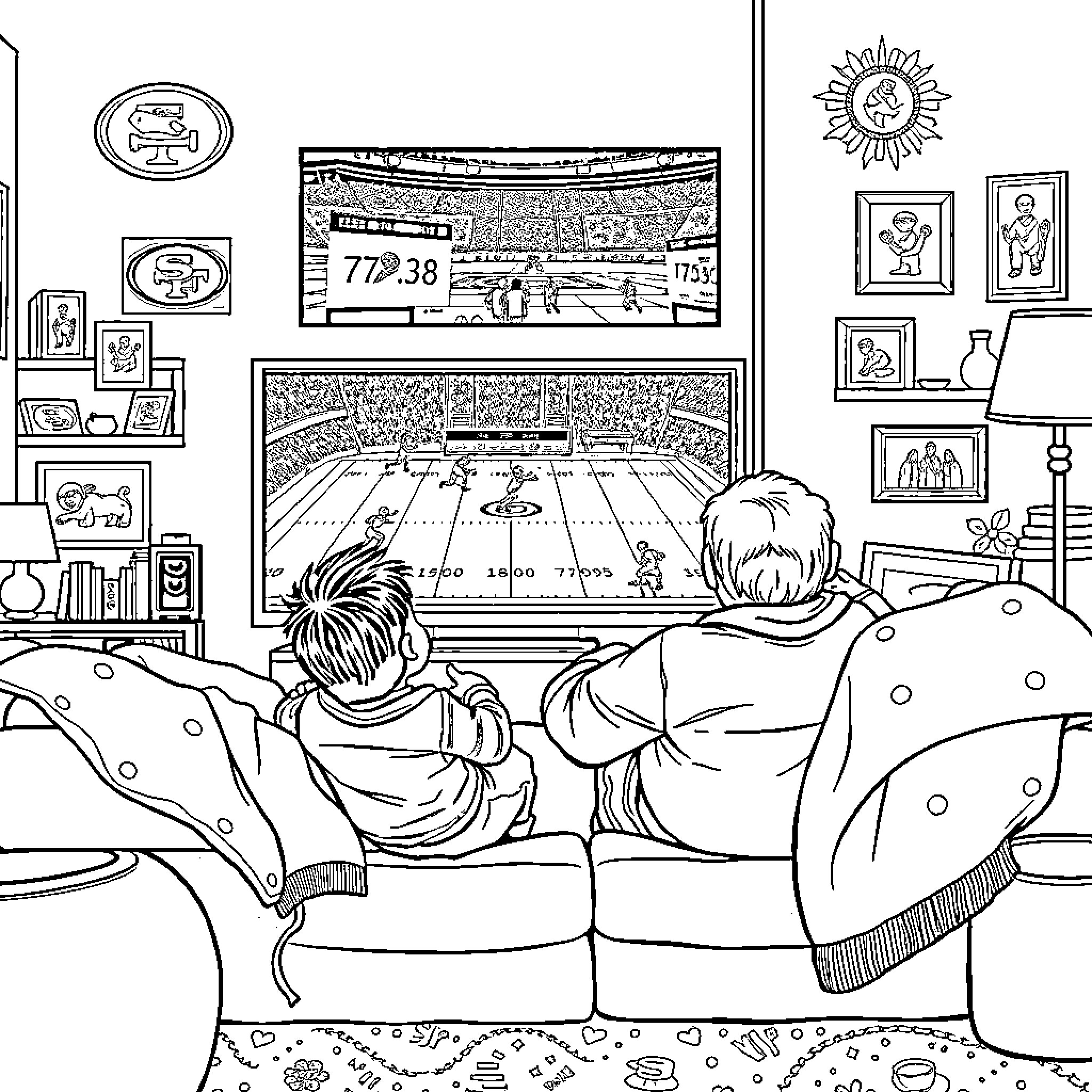 Grandson watching a sports game on television Coloring Page (free black-and-white line drawing printable PDF for all, from beginners to advanced learners, including children, teens, adults, and seniors)