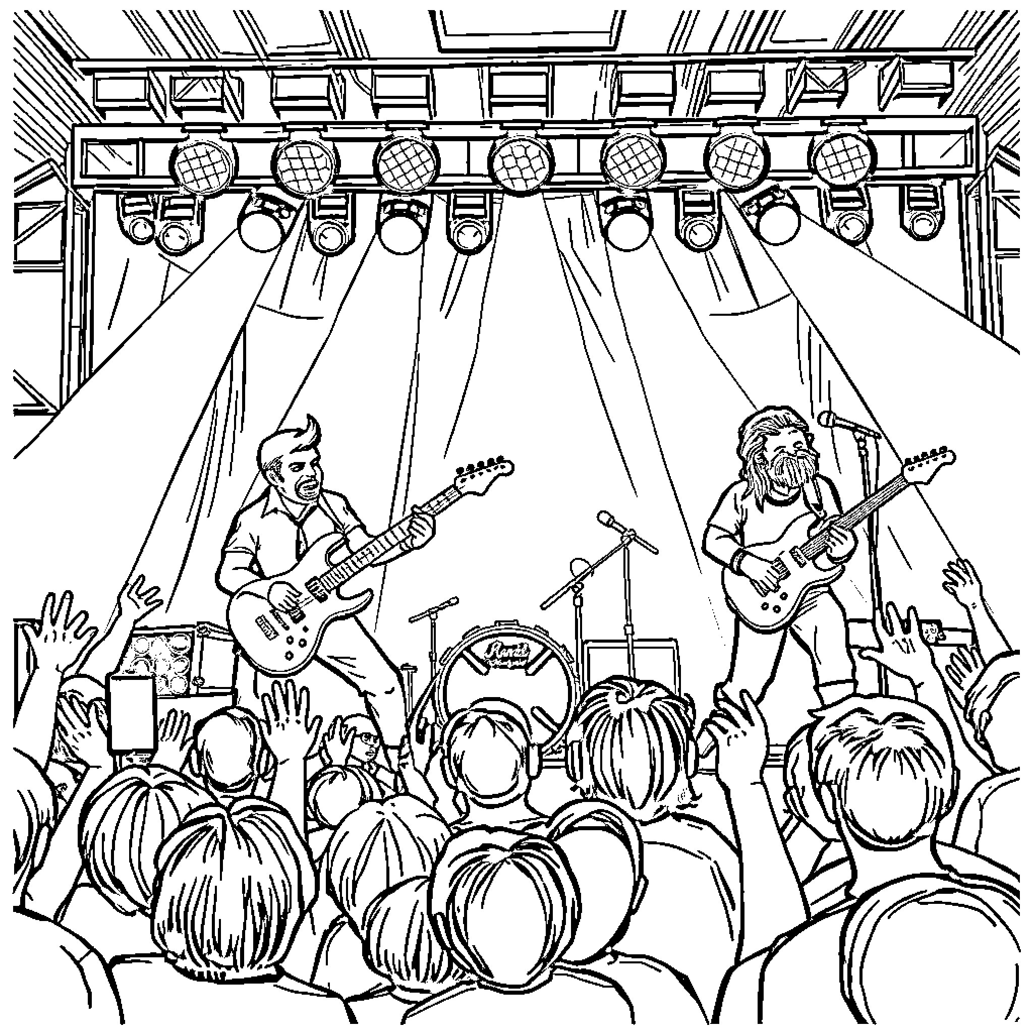 Huntrix Musicians Performing on Stage Coloring Page (free black-and-white line drawing printable PDF for all, from beginners to advanced learners, including children, teens, adults, and seniors)