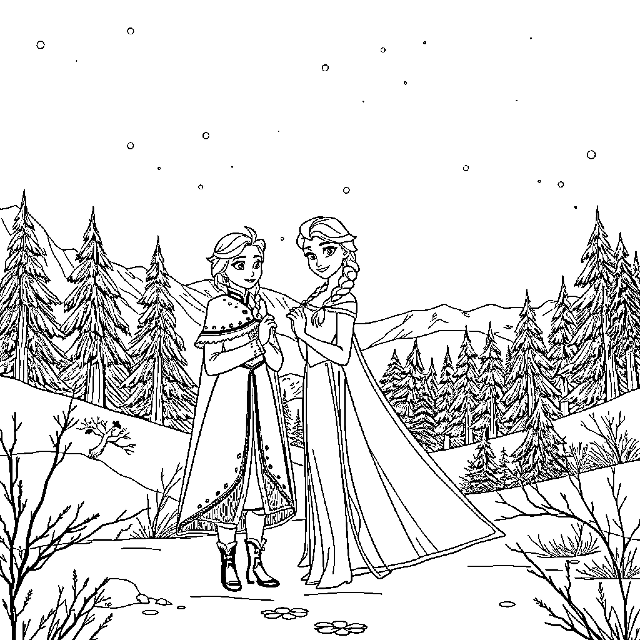 Elsa and Anna enjoying a winter wonderland adventure Coloring Page (free black-and-white line drawing printable PDF for all, from beginners to advanced learners, including children, teens, adults, and seniors)