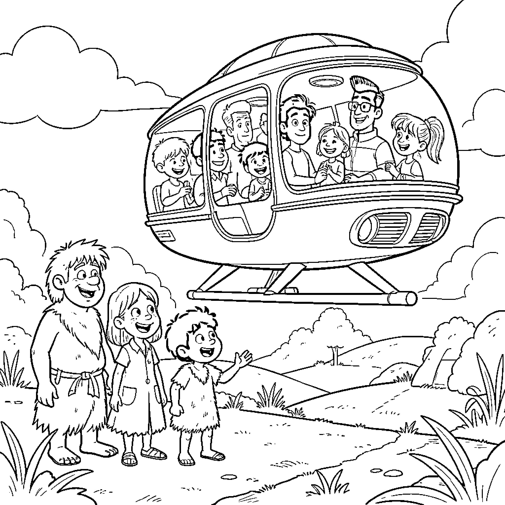 The Jetsons' futuristic family flying in their spacecraft Coloring Page (free black-and-white line drawing printable PDF for all, from beginners to advanced learners, including children, teens, adults, and seniors)
