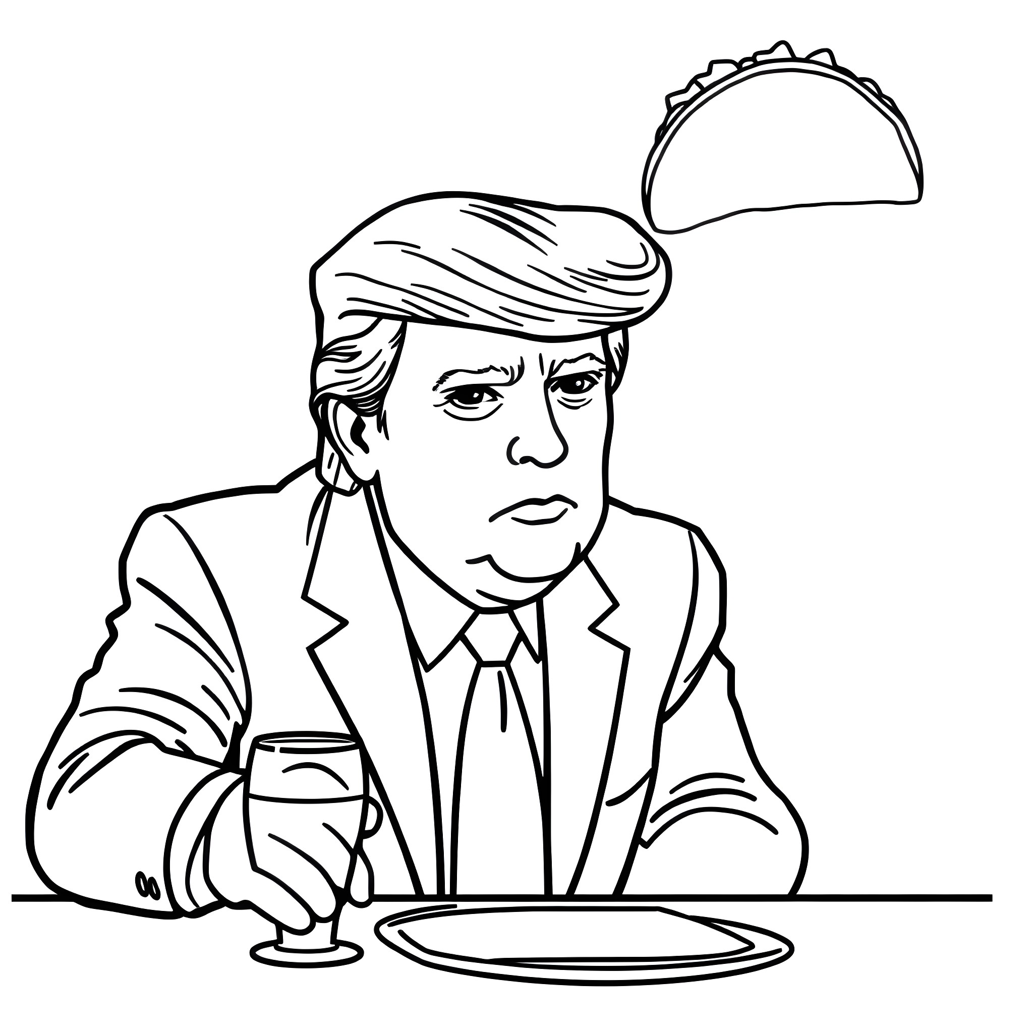 Donald Trump sitting at a table, with a serious expression Coloring Page (free black-and-white line drawing printable PDF for all, from beginners to advanced learners, including children, teens, adults, and seniors)