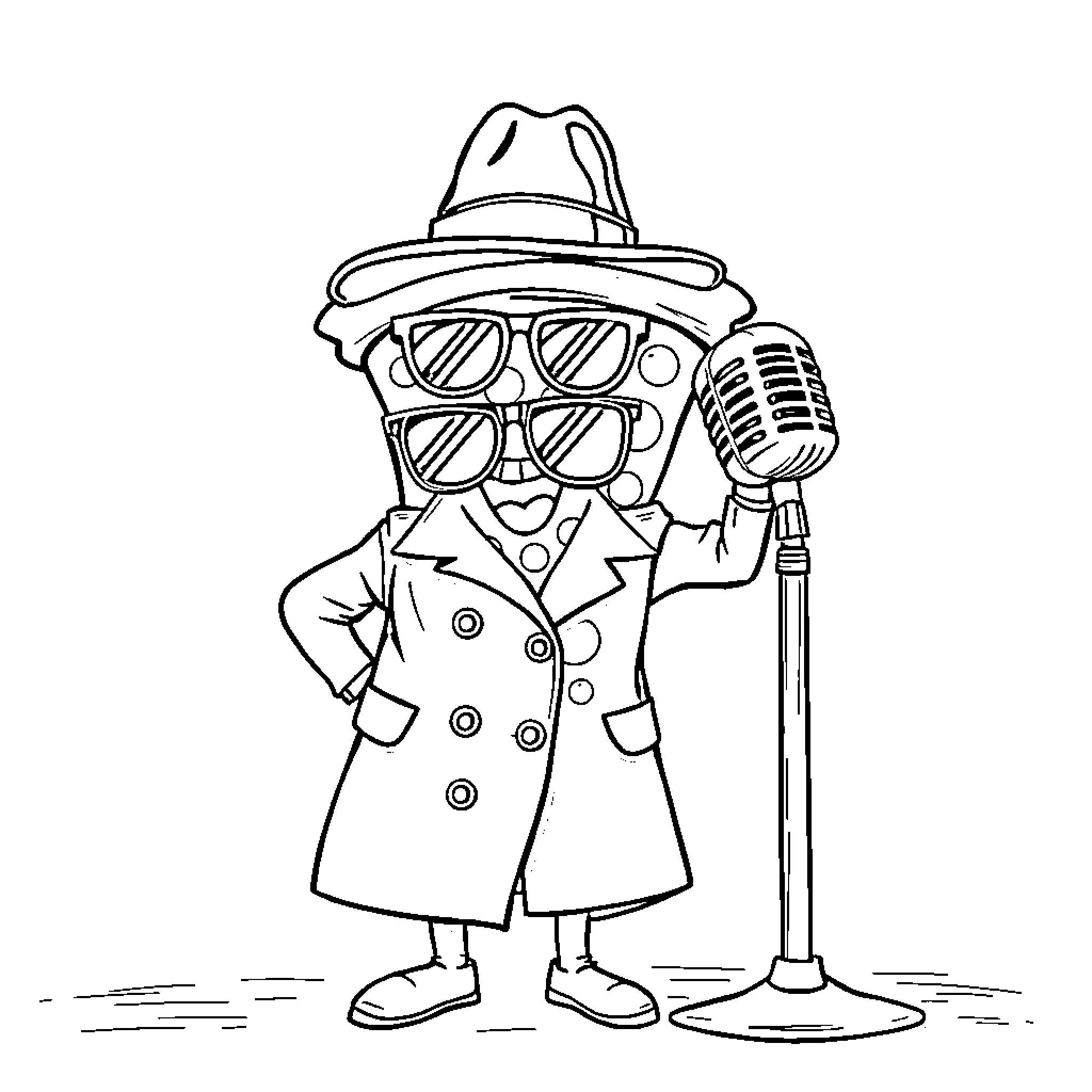Pizza Delivery Guy Performing with Microphone Coloring Page (free black-and-white line drawing printable PDF for all, from beginners to advanced learners, including children, teens, adults, and seniors)