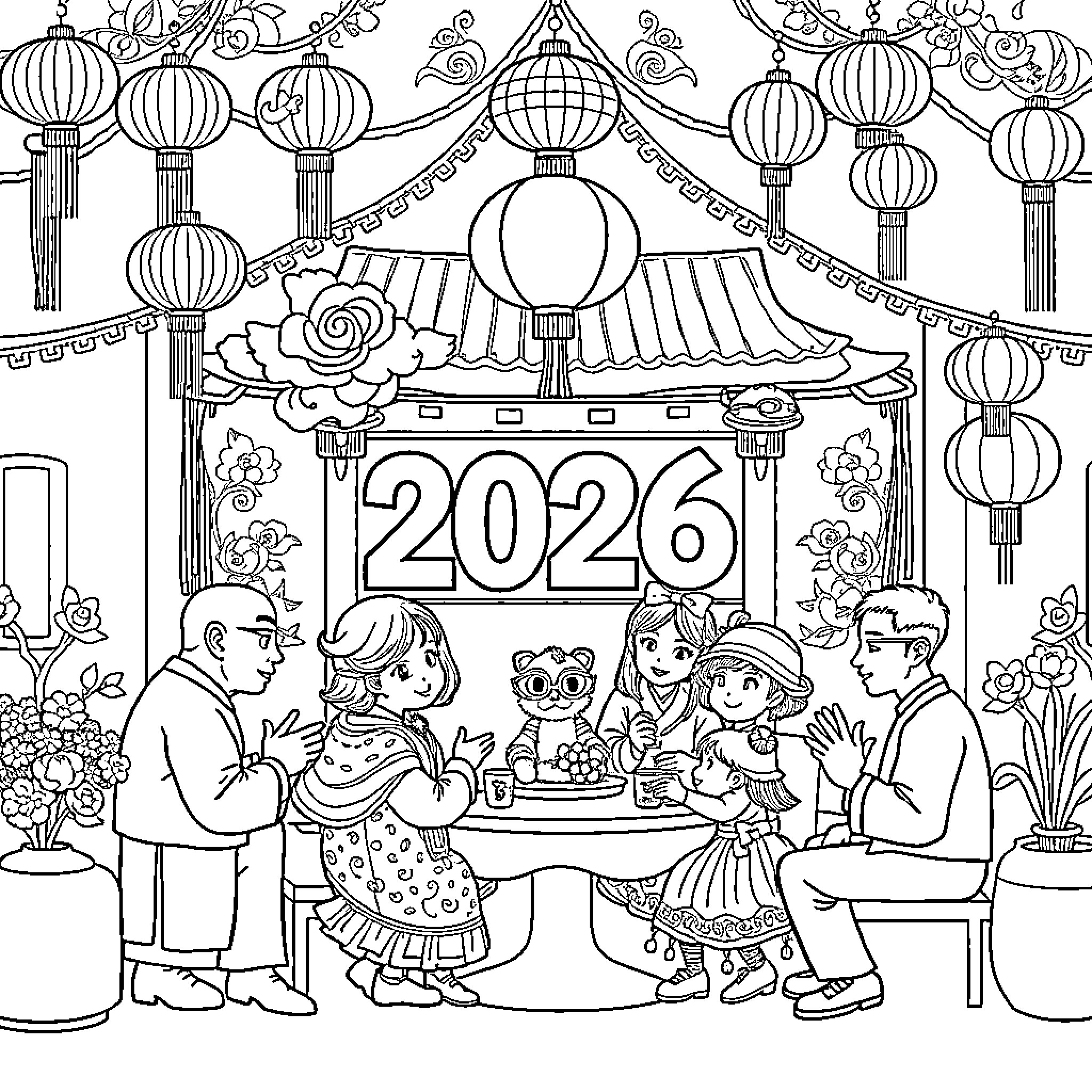 Chinese New Year Celebrations with Family and Friends Coloring Page (free black-and-white line drawing printable PDF for all, from beginners to advanced learners, including children, teens, adults, and seniors)