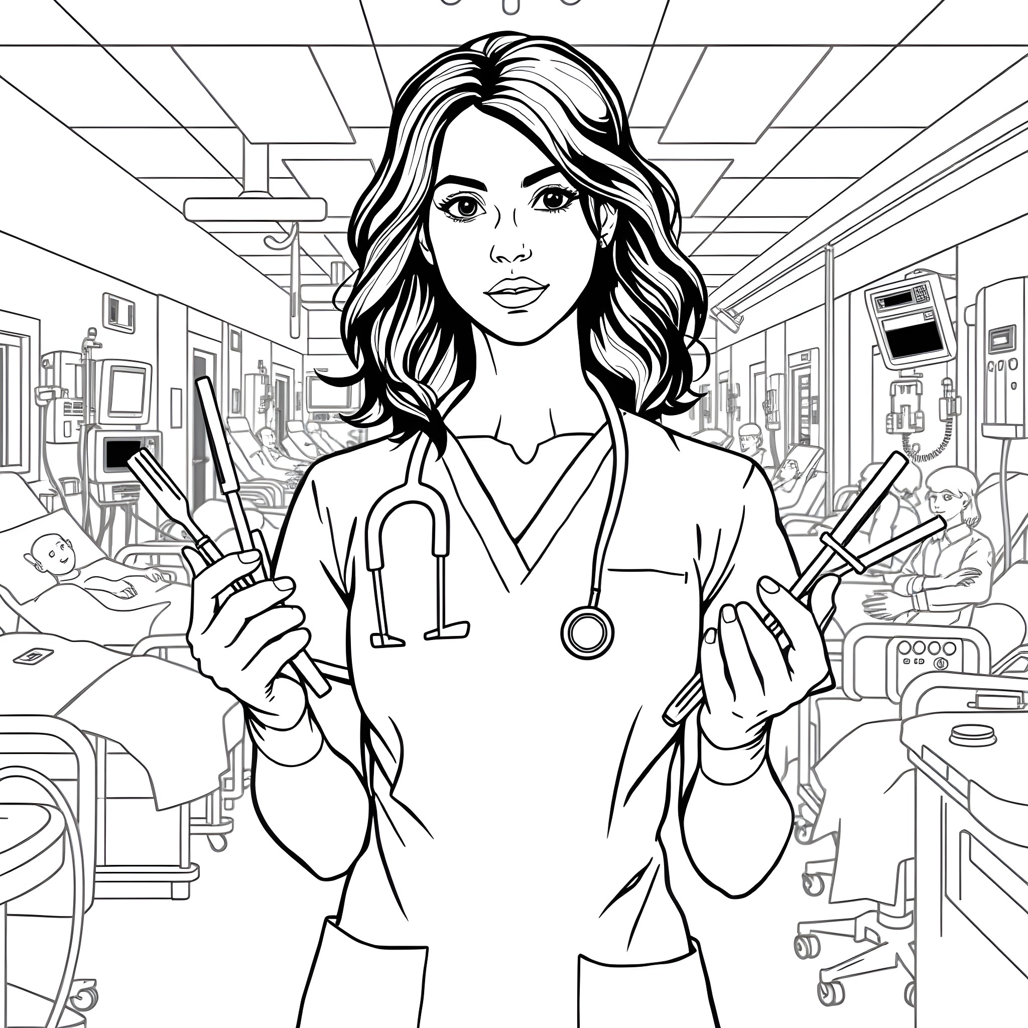 Nurse holding medical equipment in a hospital setting Coloring Page (free black-and-white line drawing printable PDF for all, from beginners to advanced learners, including children, teens, adults, and seniors)
