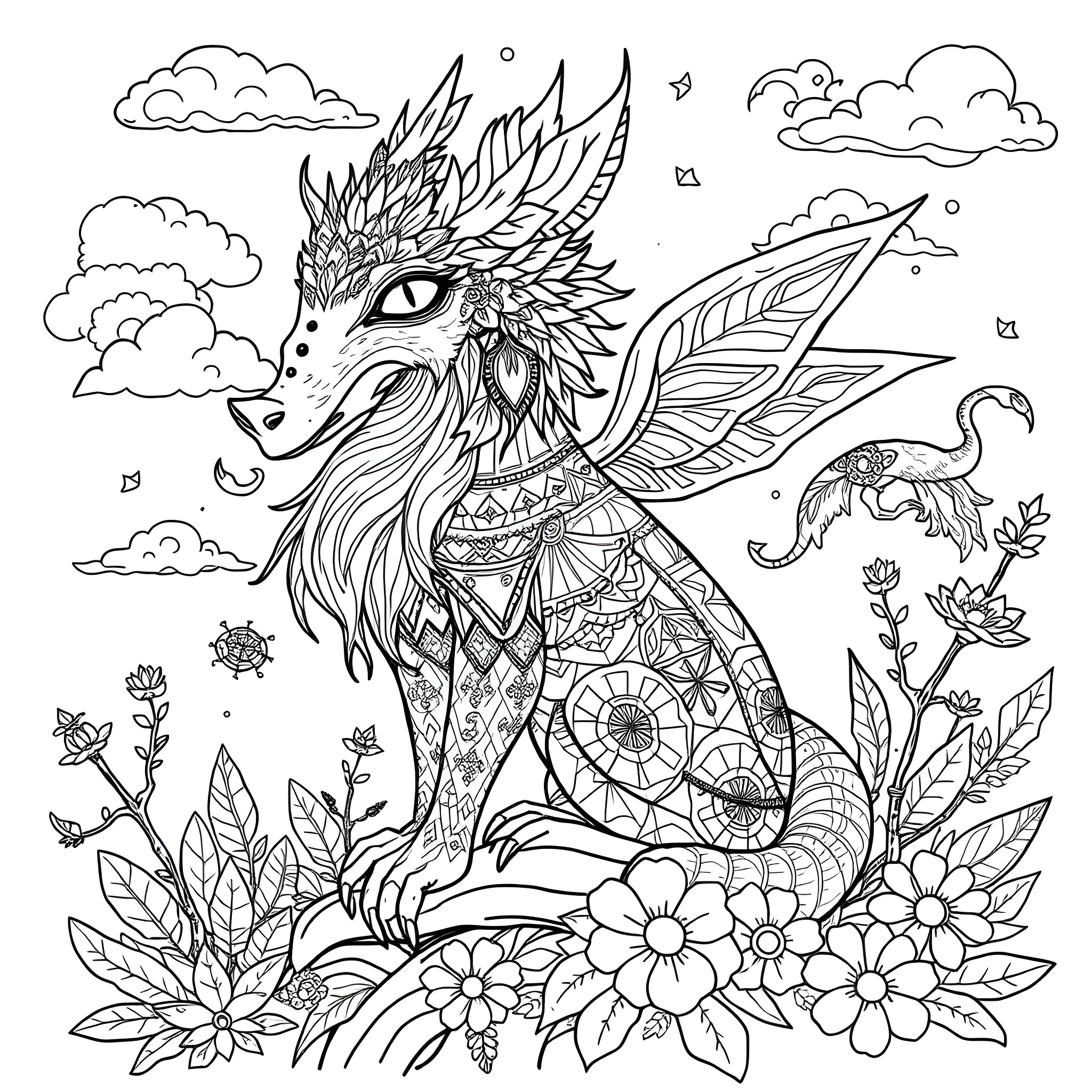 Alibrije - Fantastical Creature Surrounded by Intricate Floral Designs Coloring Page (free black-and-white line drawing printable PDF for all, from beginners to advanced learners, including children, teens, adults, and seniors)