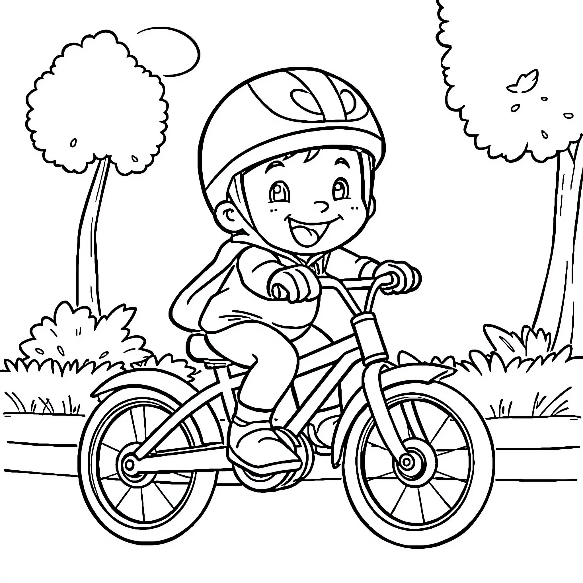 Calimero riding a bicycle in the park Coloring Page (free black-and-white line drawing printable PDF for all, from beginners to advanced learners, including children, teens, adults, and seniors)