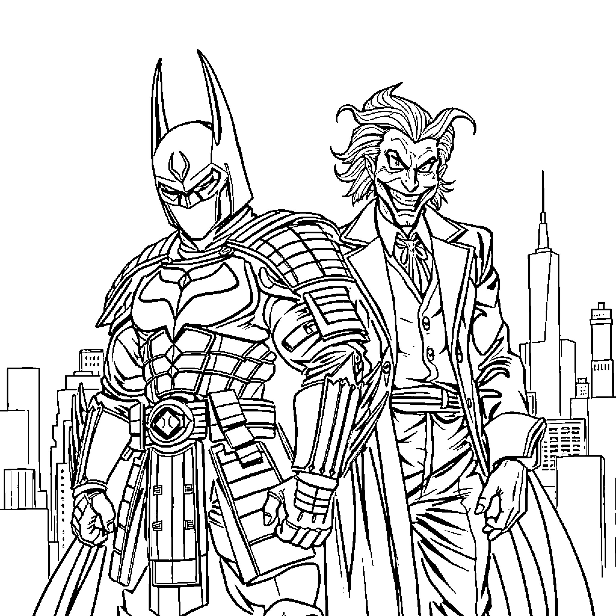 Samurai heroes in intense confrontation in the city Coloring Page (free black-and-white line drawing printable PDF for all, from beginners to advanced learners, including children, teens, adults, and seniors)