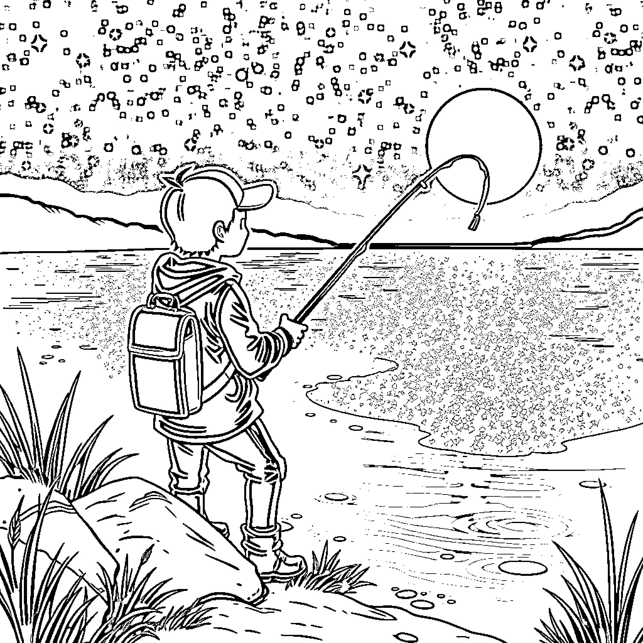 Pokémon Trainer exploring the wilderness at sunset Coloring Page (free black-and-white line drawing printable PDF for all, from beginners to advanced learners, including children, teens, adults, and seniors)