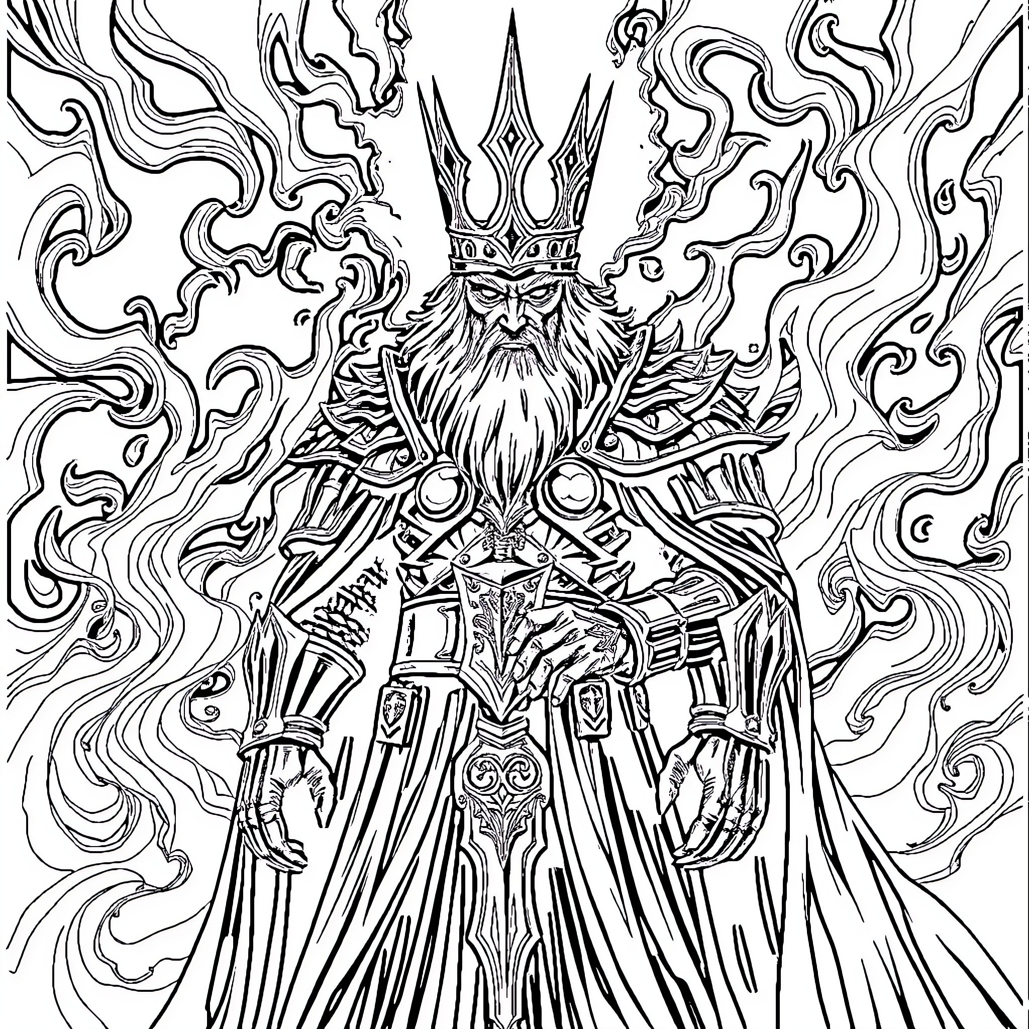 Witch King in Ornate Robes and Crown Coloring Page (free black-and-white line drawing printable PDF for all, from beginners to advanced learners, including children, teens, adults, and seniors)