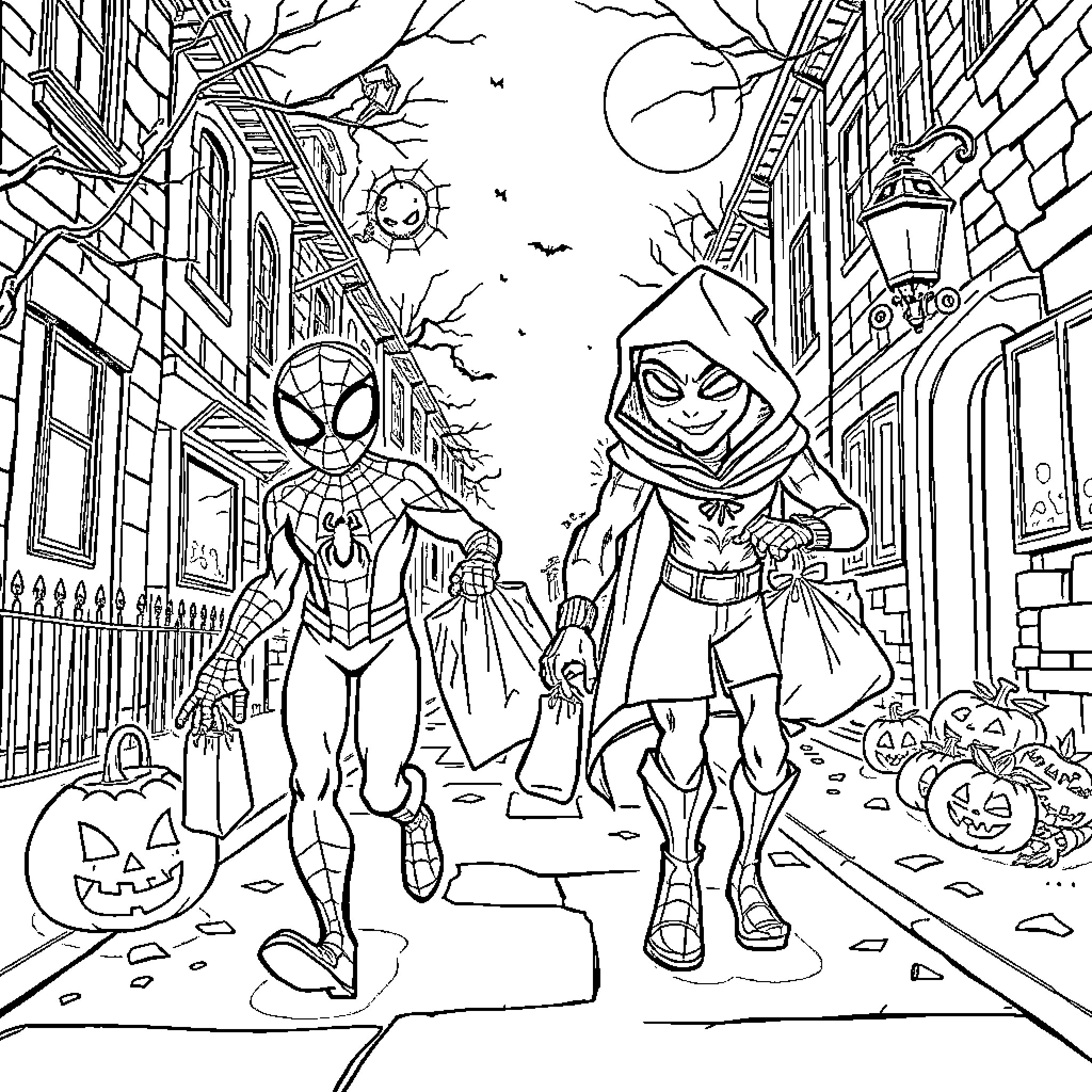 Spidey and Heroic Companions Celebrate Halloween in the City Coloring Page (free black-and-white line drawing printable PDF for all, from beginners to advanced learners, including children, teens, adults, and seniors)