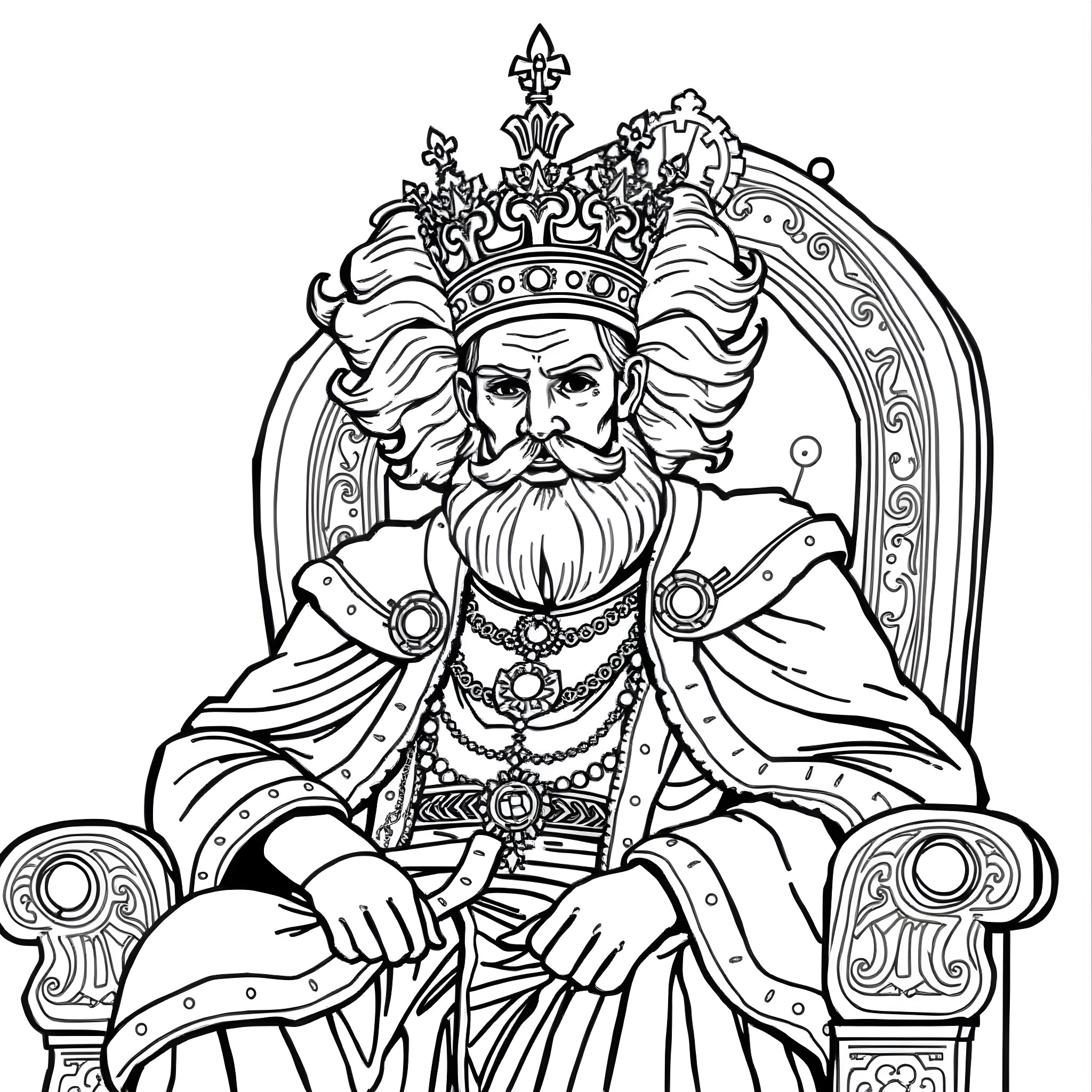 King Sitting Majestically on Ornate Throne Coloring Page (free black-and-white line drawing printable PDF for all, from beginners to advanced learners, including children, teens, adults, and seniors)