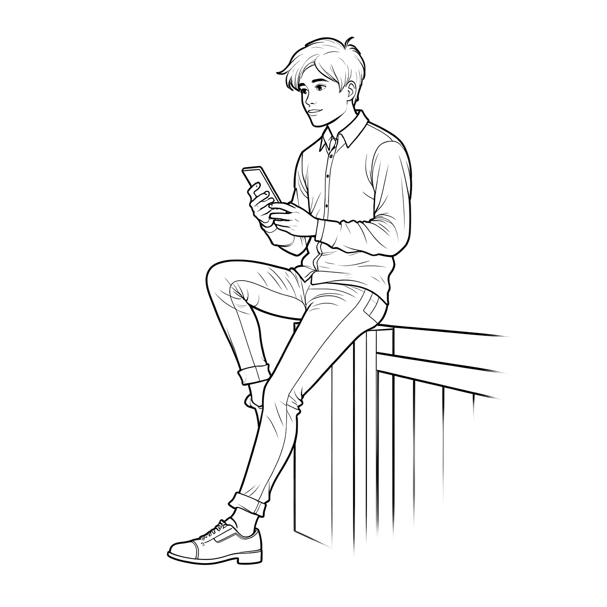 James using mobile phone while seated on a bench Coloring Page (free black-and-white line drawing printable PDF for all, from beginners to advanced learners, including children, teens, adults, and seniors)