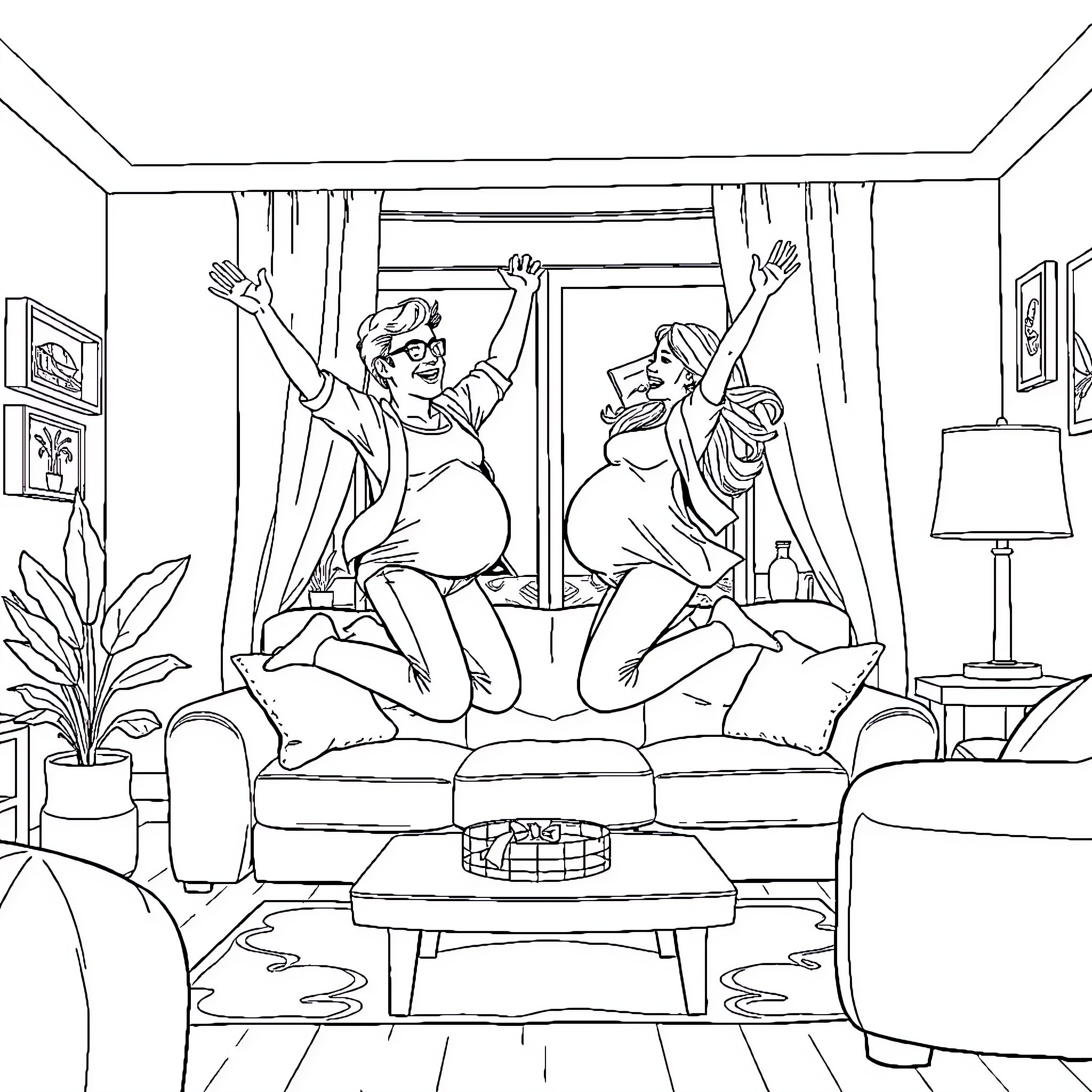 Couple having fun on the sofa Coloring Page (free black-and-white line drawing printable PDF for all, from beginners to advanced learners, including children, teens, adults, and seniors)