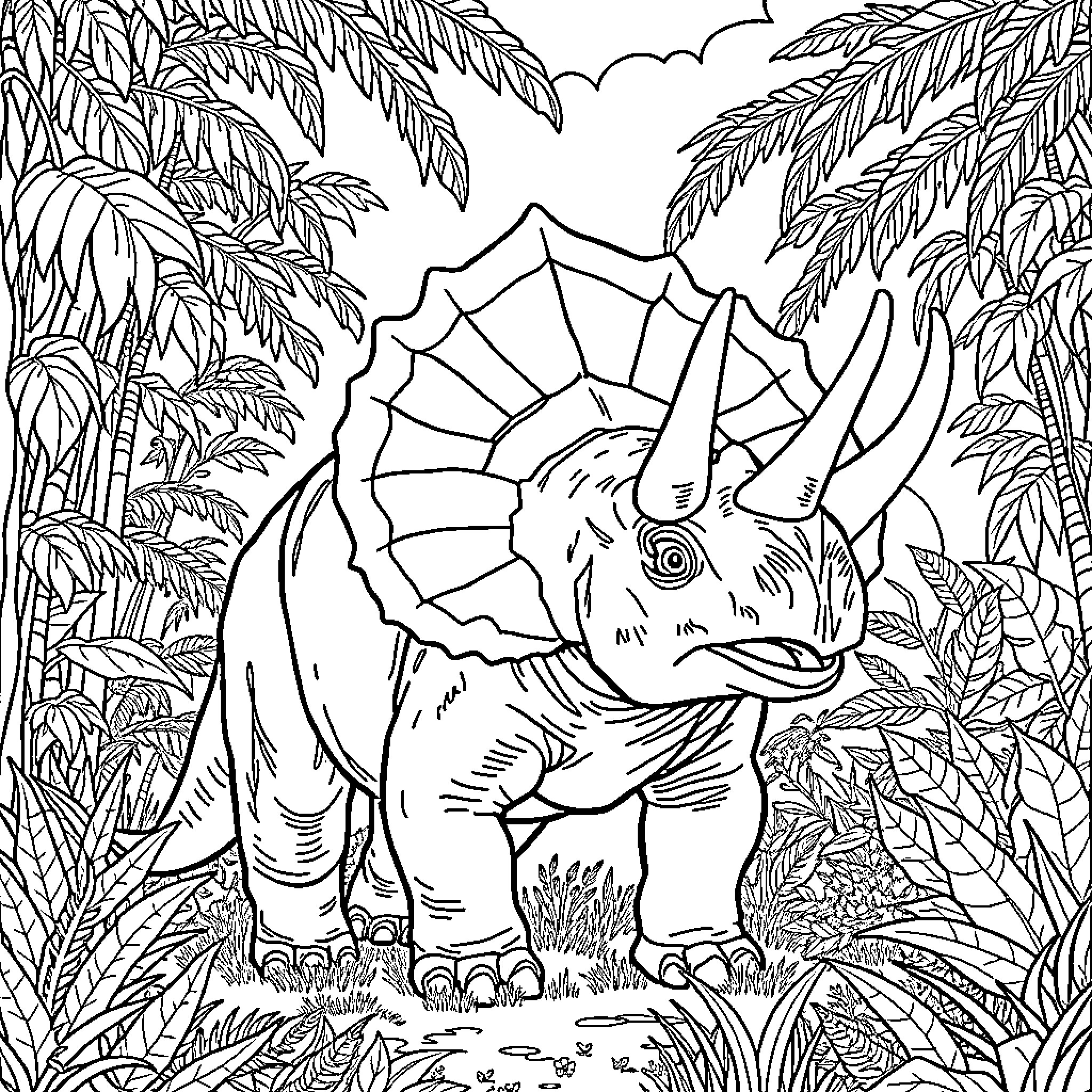 Triceratops exploring the prehistoric forest Coloring Page (free black-and-white line drawing printable PDF for all, from beginners to advanced learners, including children, teens, adults, and seniors)