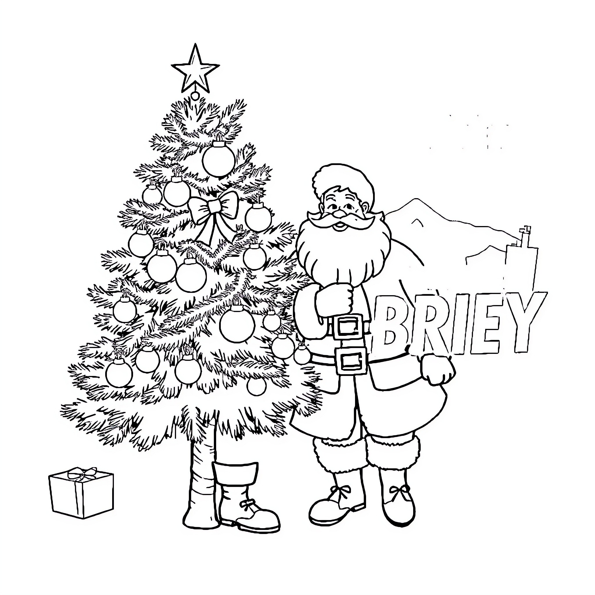 Christmas Tree with Santa Claus and Presents Coloring Page (free black-and-white line drawing printable PDF for all, from beginners to advanced learners, including children, teens, adults, and seniors)