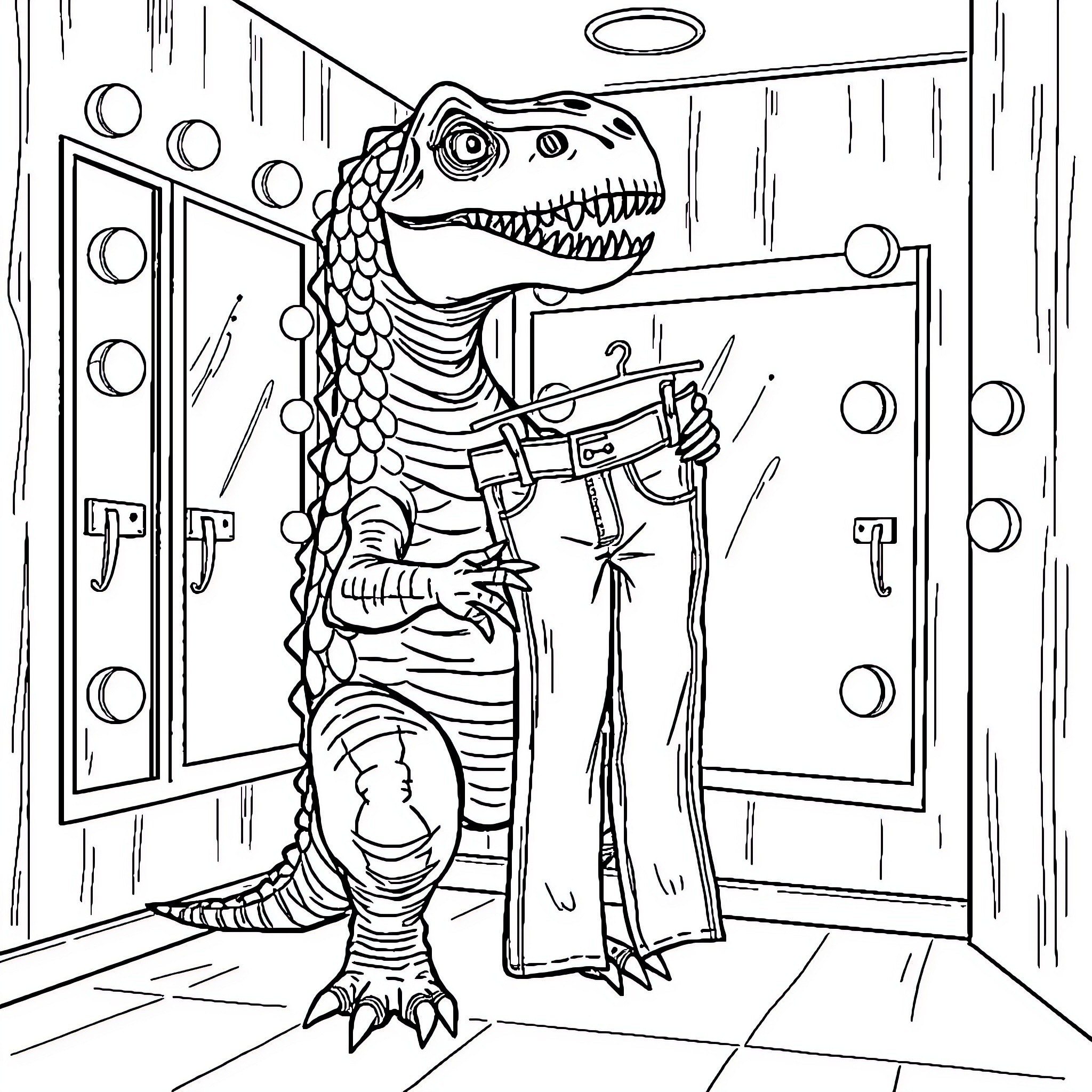 Dinosaur Scientist Exploring Laboratory Workspace Coloring Page (free black-and-white line drawing printable PDF for all, from beginners to advanced learners, including children, teens, adults, and seniors)