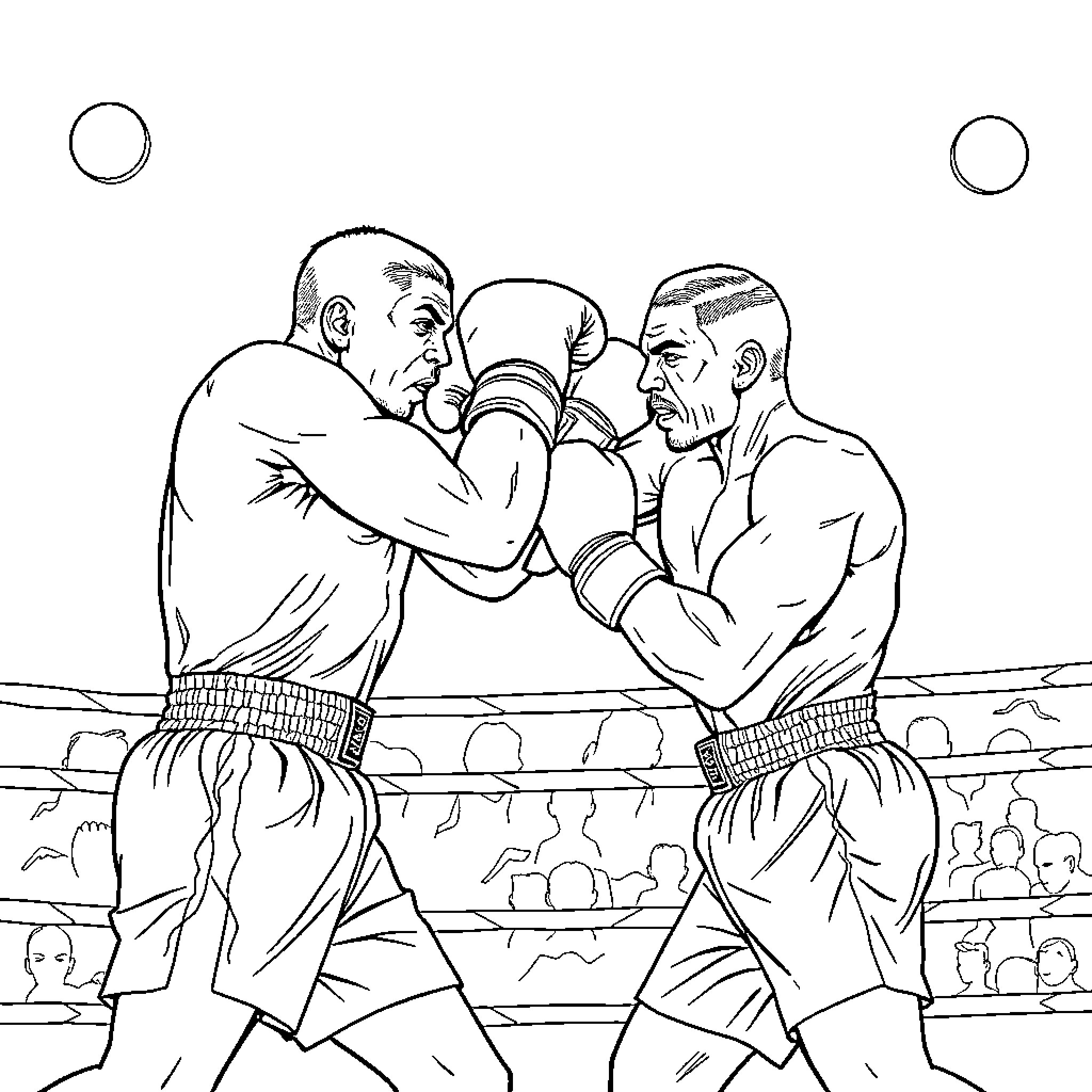 Boxing match with intense expressions Coloring Page (free black-and-white line drawing printable PDF for all, from beginners to advanced learners, including children, teens, adults, and seniors)