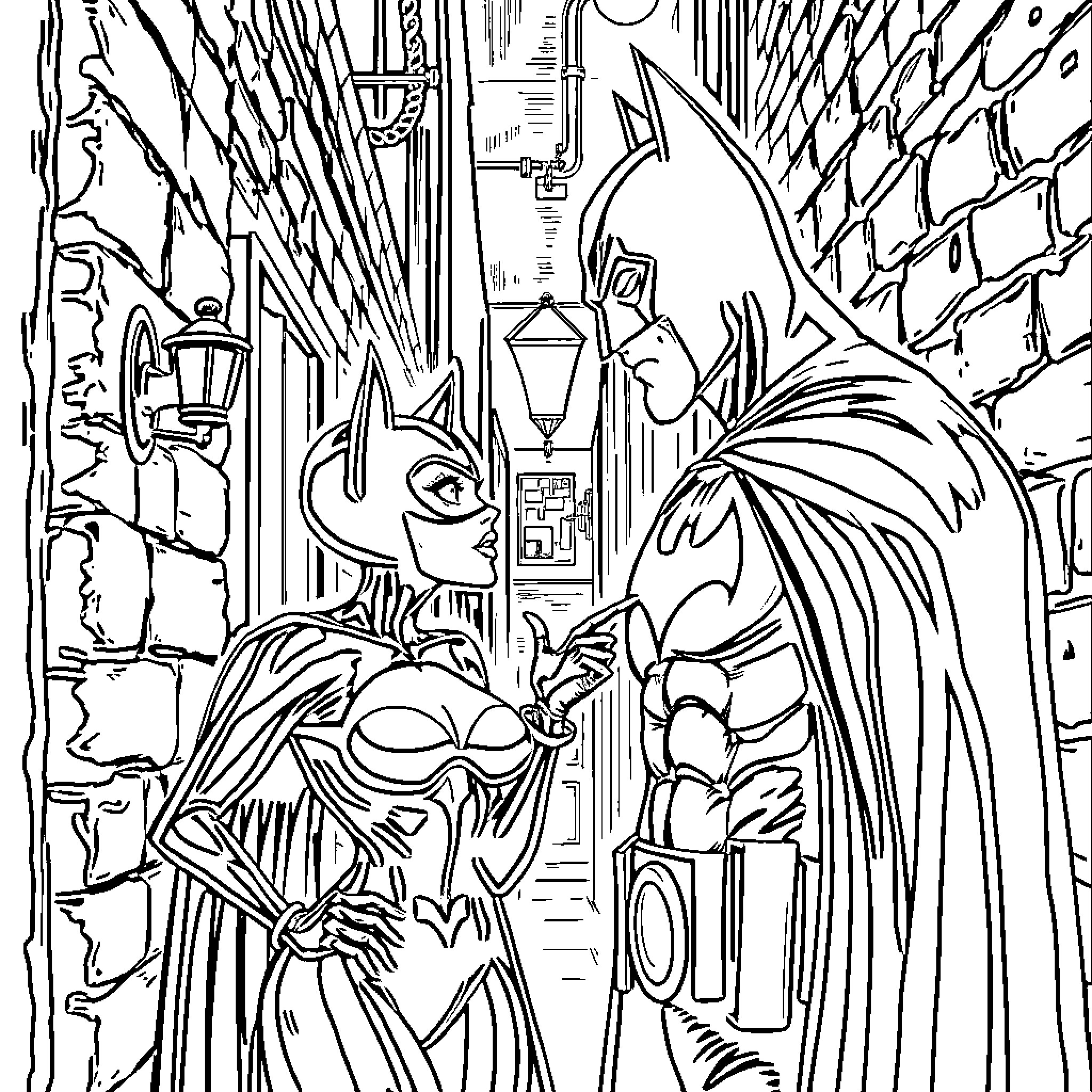 Catwoman in an Alleyway Adventure Coloring Page (free black-and-white line drawing printable PDF for all, from beginners to advanced learners, including children, teens, adults, and seniors)
