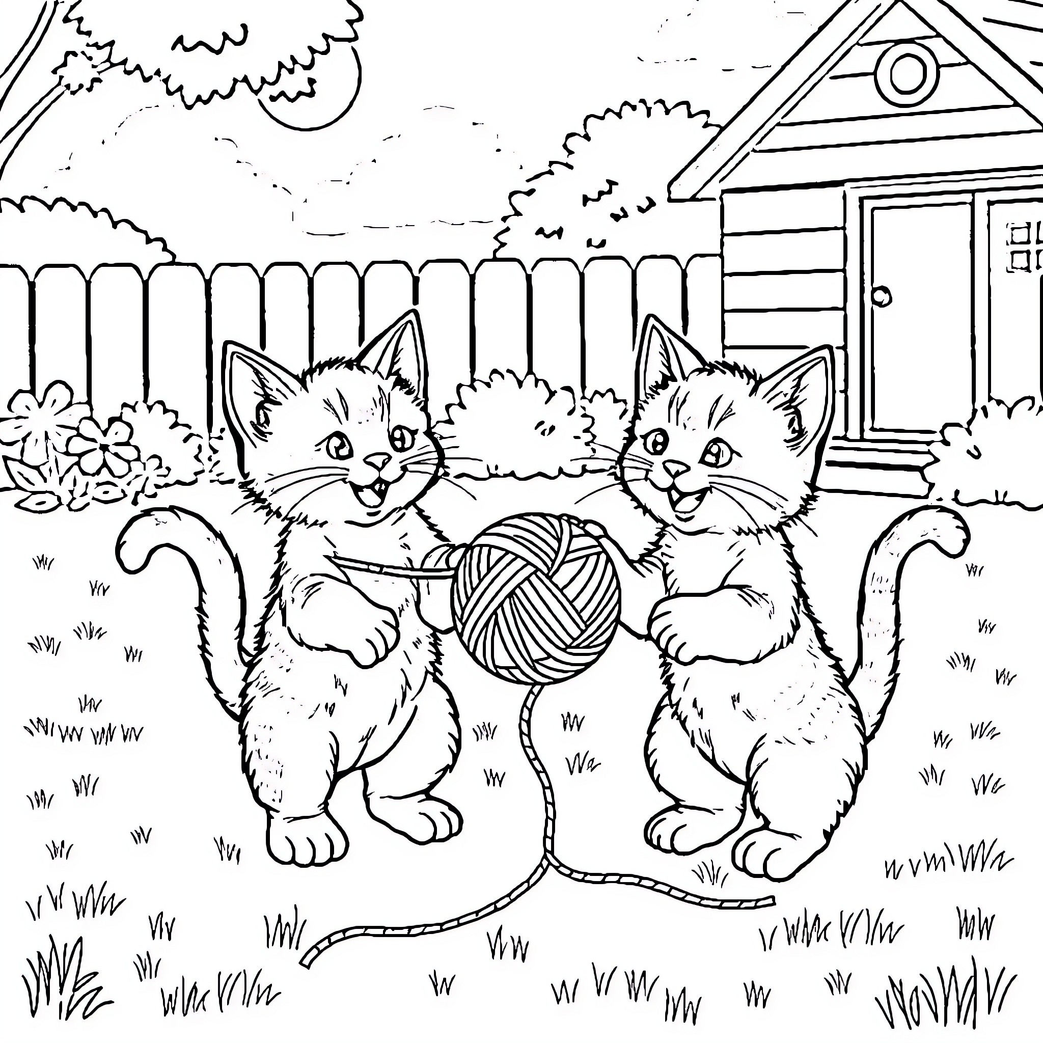 Cat Kittens Playing with Yarn in Backyard Coloring Page (free black-and-white line drawing printable PDF for all, from beginners to advanced learners, including children, teens, adults, and seniors)