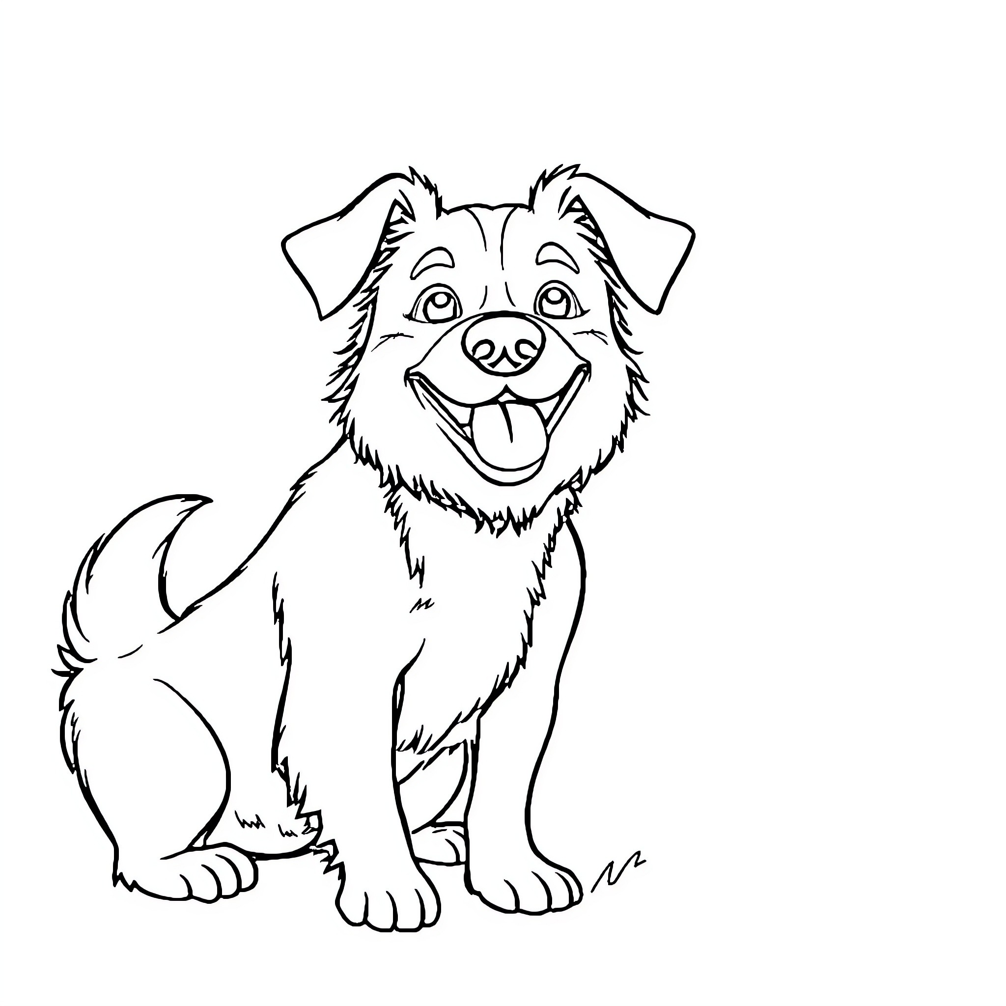 Dog sitting and smiling happily Coloring Page (free black-and-white line drawing printable PDF for all, from beginners to advanced learners, including children, teens, adults, and seniors)