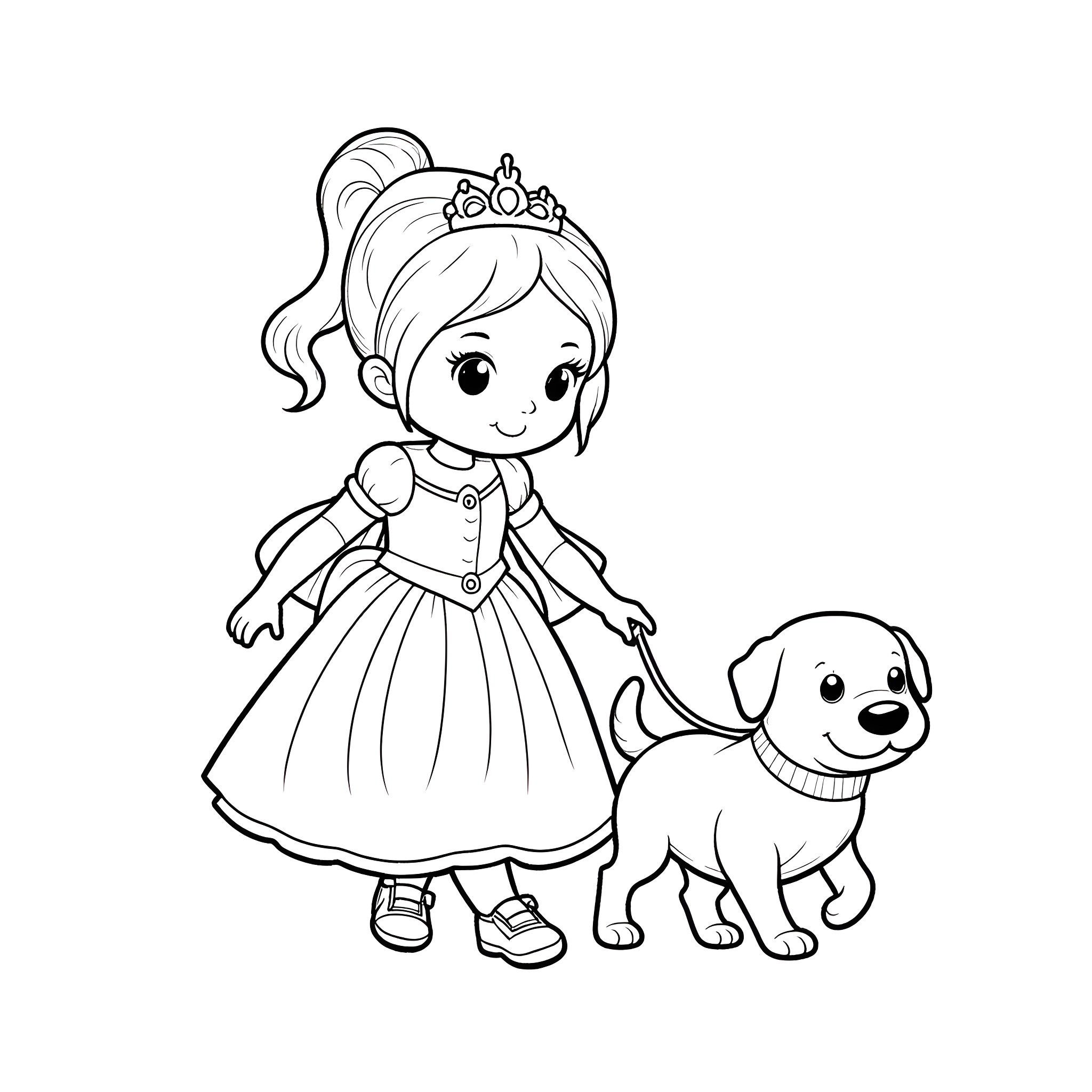 Girl playing with cute puppy Coloring Page (free black-and-white line drawing printable PDF for all, from beginners to advanced learners, including children, teens, adults, and seniors)