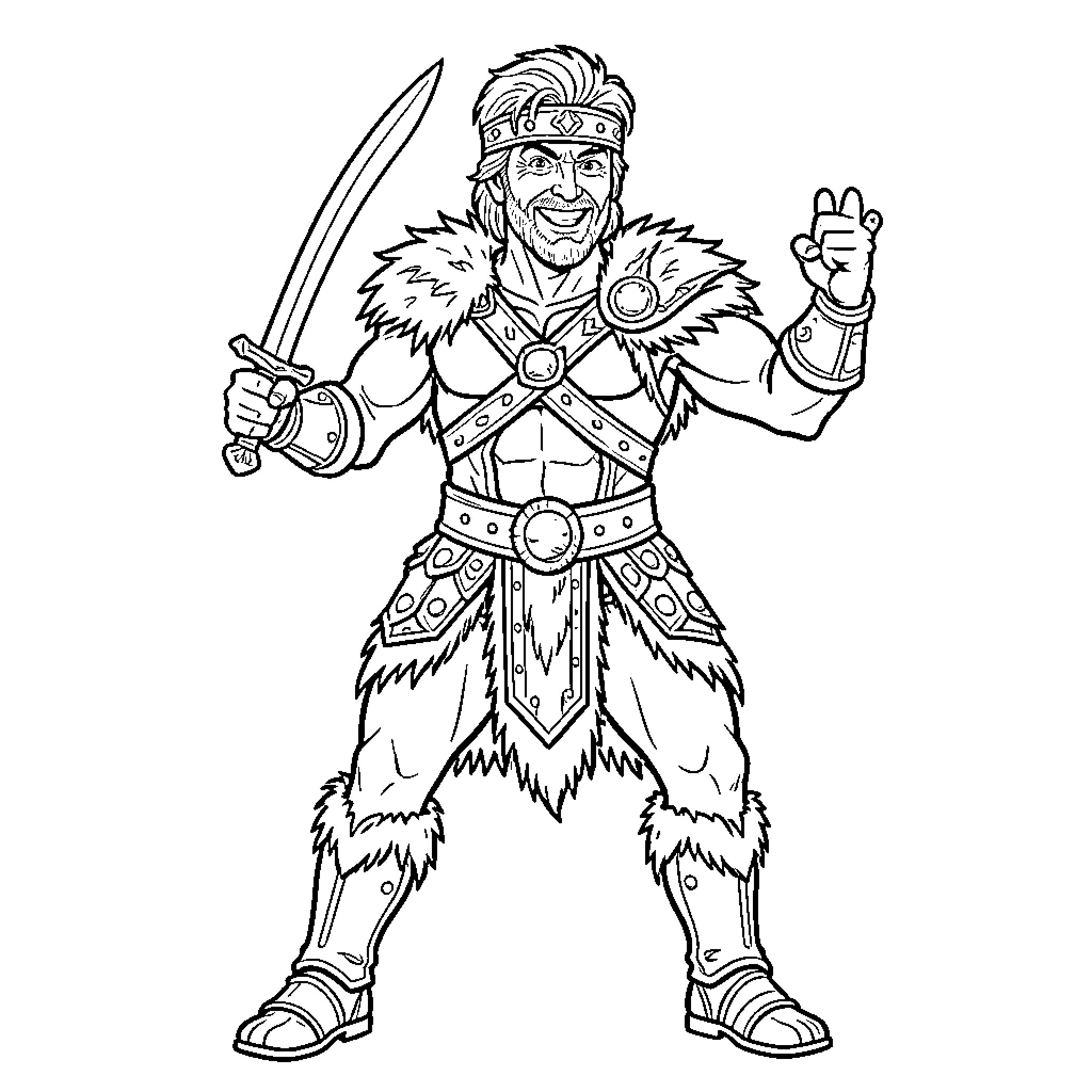 Steve Martin as a heroic fantasy warrior Coloring Page (free black-and-white line drawing printable PDF for all, from beginners to advanced learners, including children, teens, adults, and seniors)