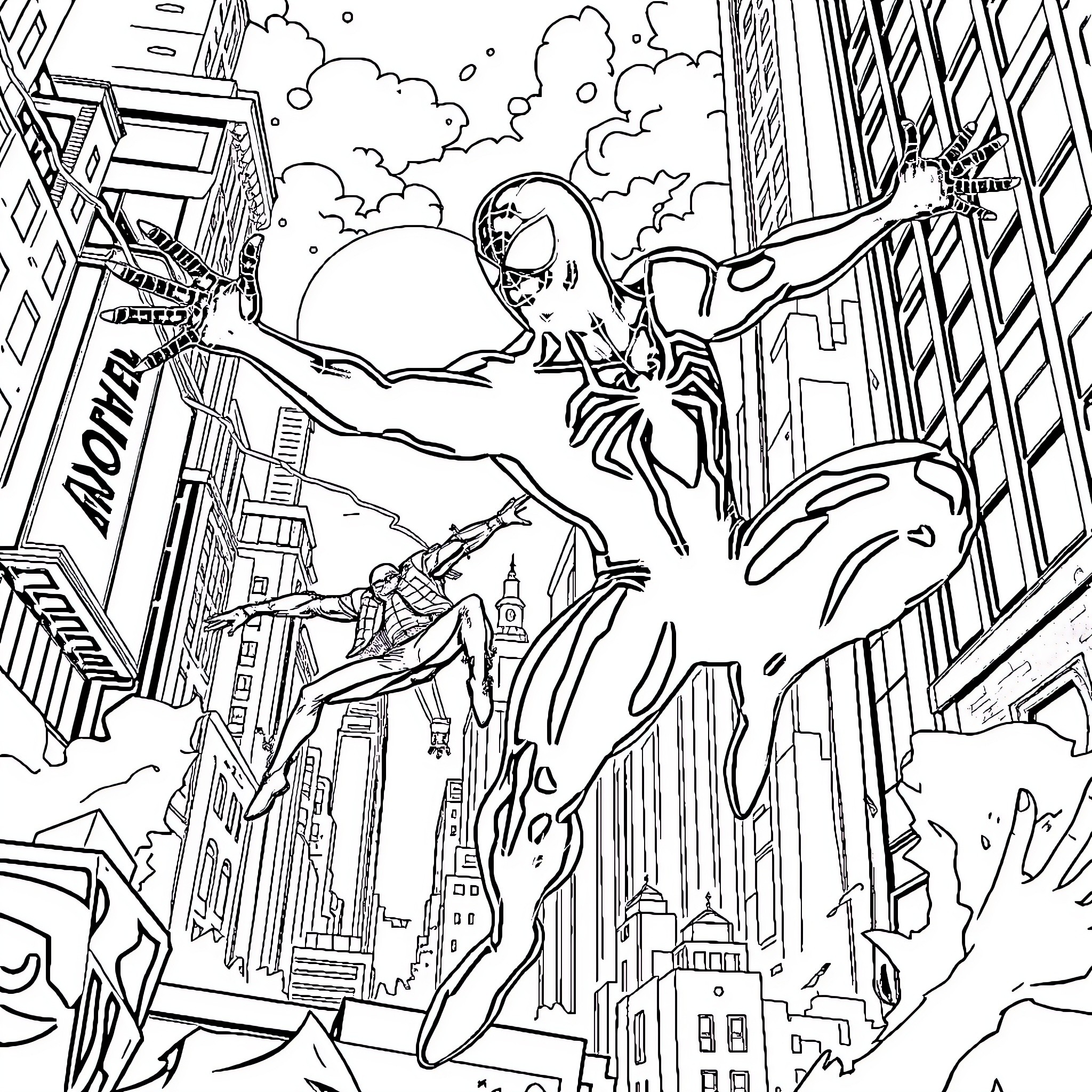 Spider-Man swinging through the city Coloring Page (free black-and-white line drawing printable PDF for all, from beginners to advanced learners, including children, teens, adults, and seniors)