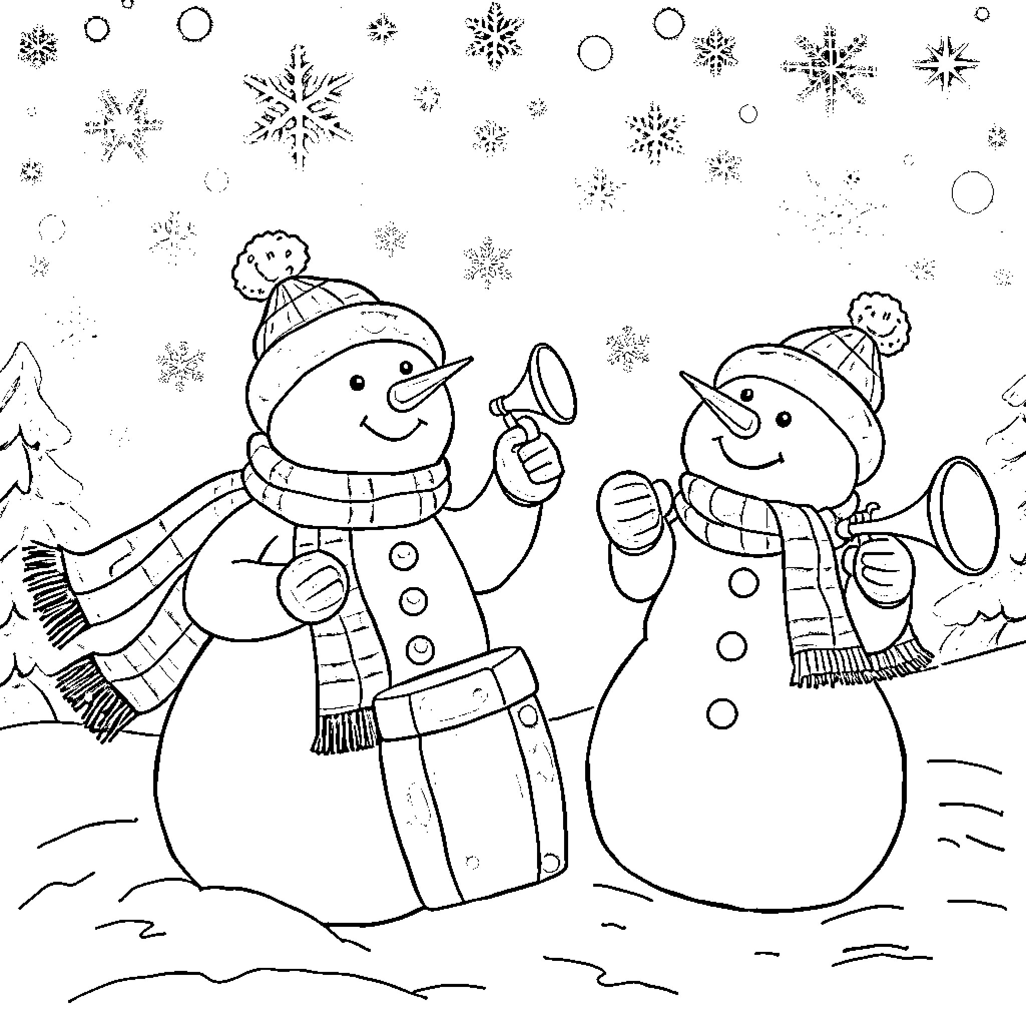 Snowman friends blowing horns in snowy scene Coloring Page (free black-and-white line drawing printable PDF for all, from beginners to advanced learners, including children, teens, adults, and seniors)