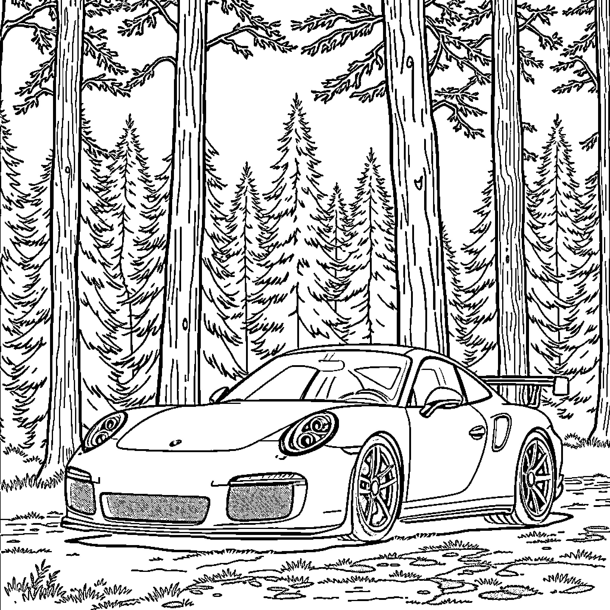 Porsche sports car in the forest Coloring Page (free black-and-white line drawing printable PDF for all, from beginners to advanced learners, including children, teens, adults, and seniors)