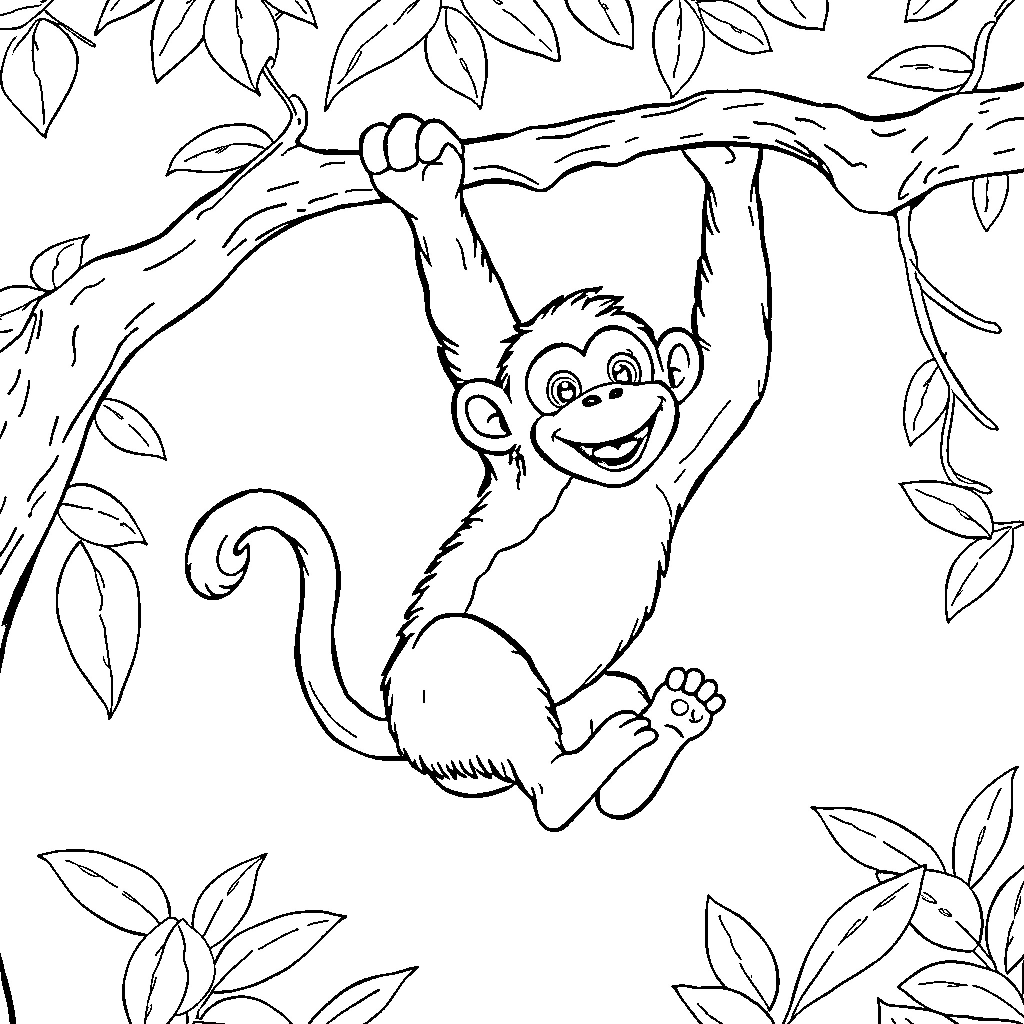 Monkey Swinging Happily in Jungle Coloring Page (free black-and-white line drawing printable PDF for all, from beginners to advanced learners, including children, teens, adults, and seniors)