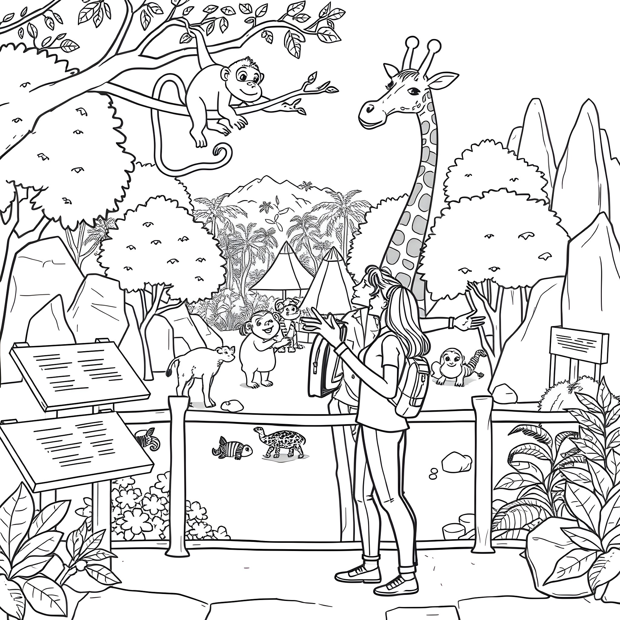 Zoo Adventure with Diverse Wildlife and Visitors Coloring Page (free black-and-white line drawing printable PDF for all, from beginners to advanced learners, including children, teens, adults, and seniors)