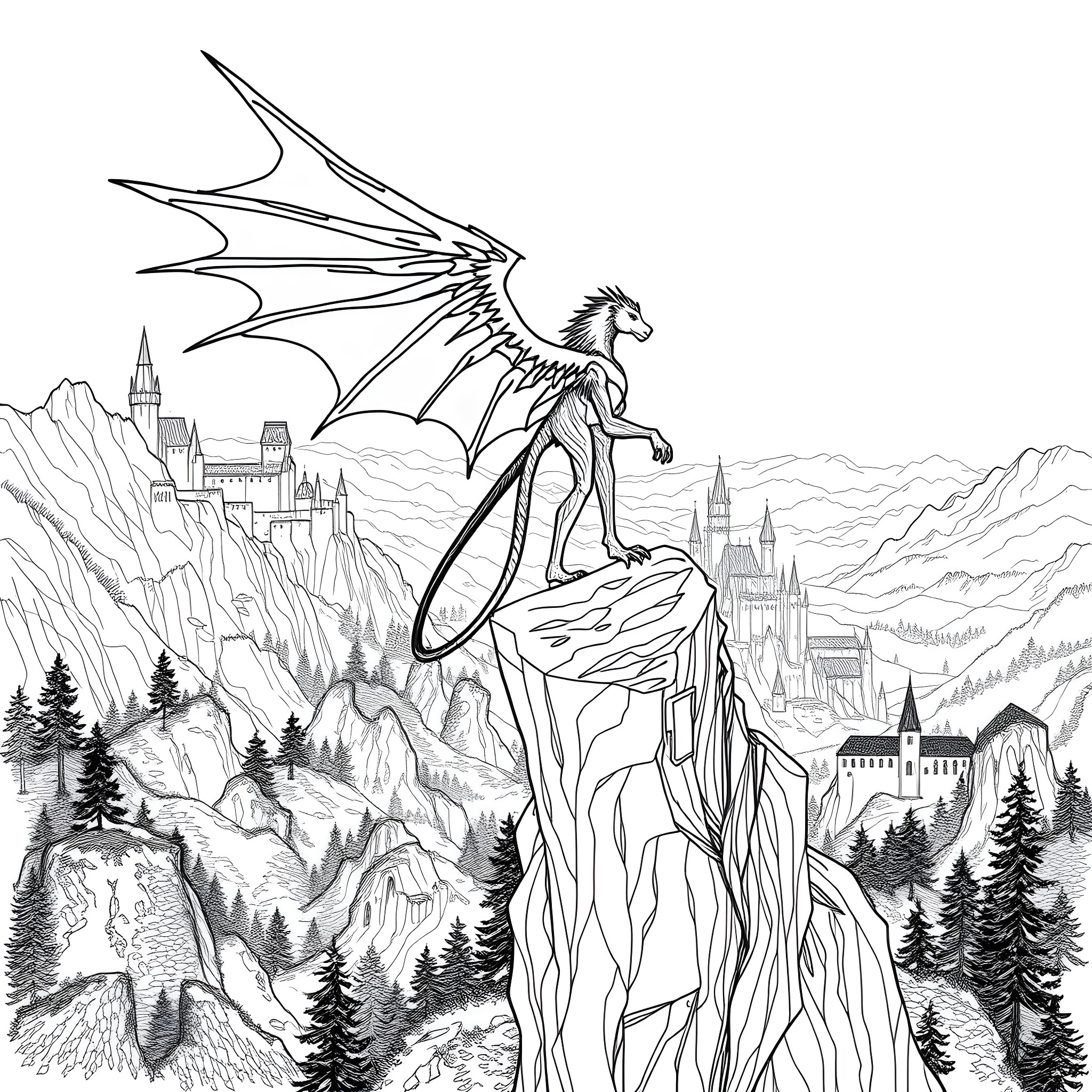 Rhysand, the winged creature, surveys the fantastical landscape Coloring Page (free black-and-white line drawing printable PDF for all, from beginners to advanced learners, including children, teens, adults, and seniors)