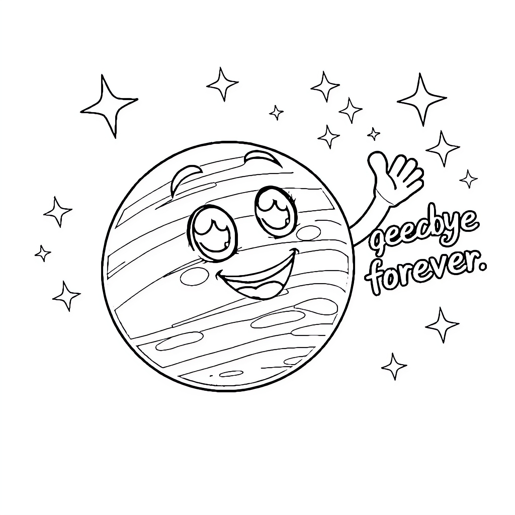 Planet says goodbye forever with stars Coloring Page (free black-and-white line drawing printable PDF for all, from beginners to advanced learners, including children, teens, adults, and seniors)
