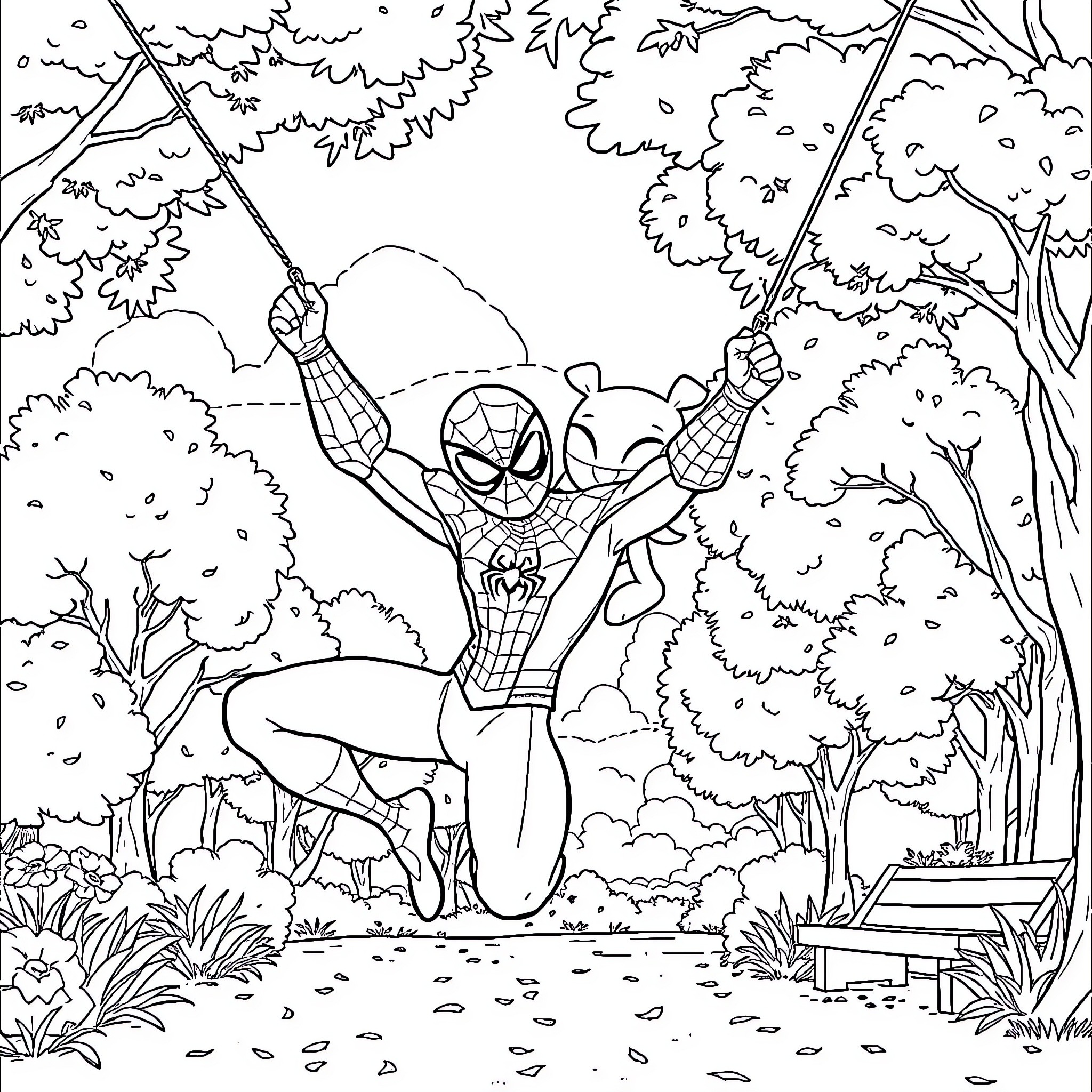 Spider-Man swinging through the forest Coloring Page (free black-and-white line drawing printable PDF for all, from beginners to advanced learners, including children, teens, adults, and seniors)