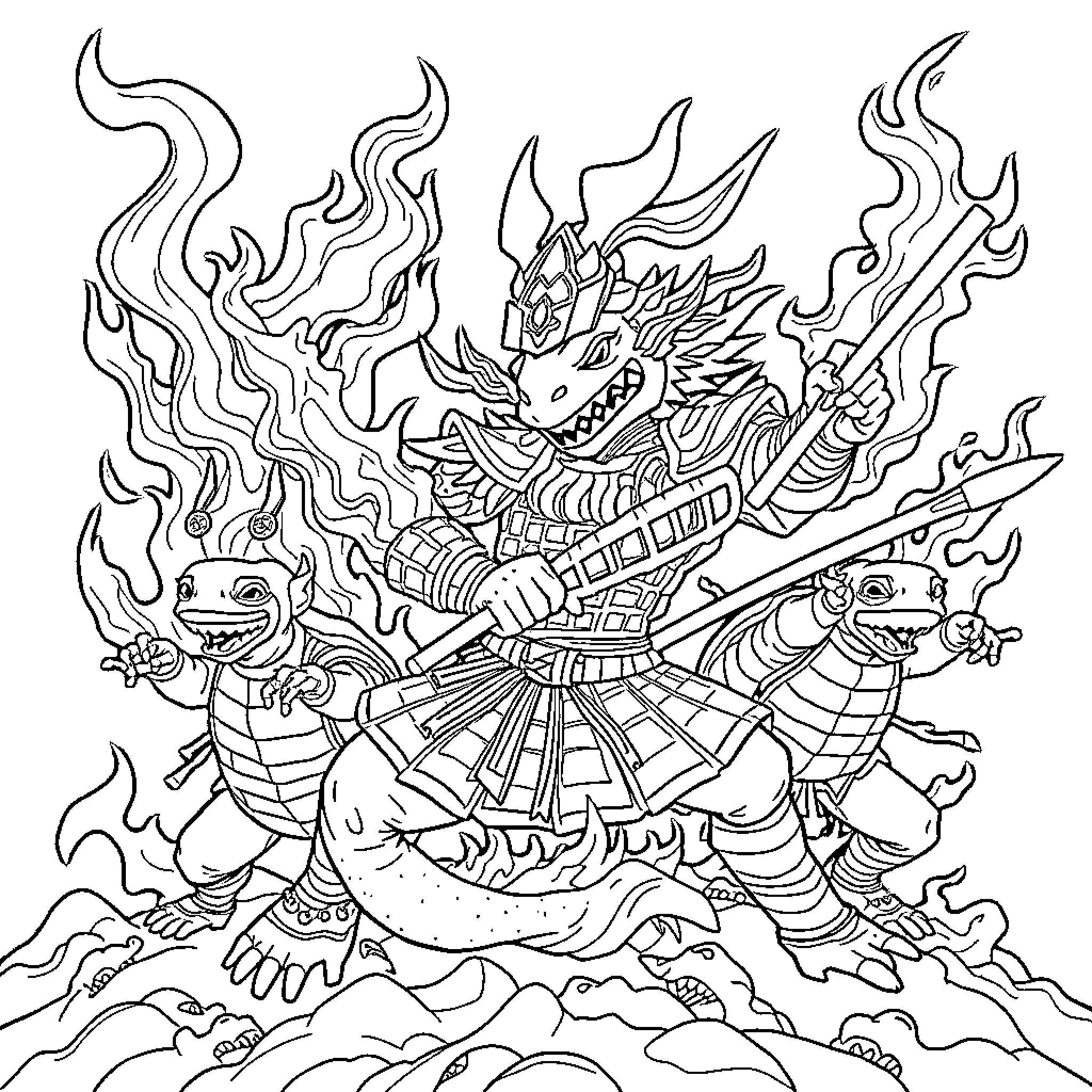 Axolotl Warrior Wields Fiery Weapon Coloring Page (free black-and-white line drawing printable PDF for all, from beginners to advanced learners, including children, teens, adults, and seniors)