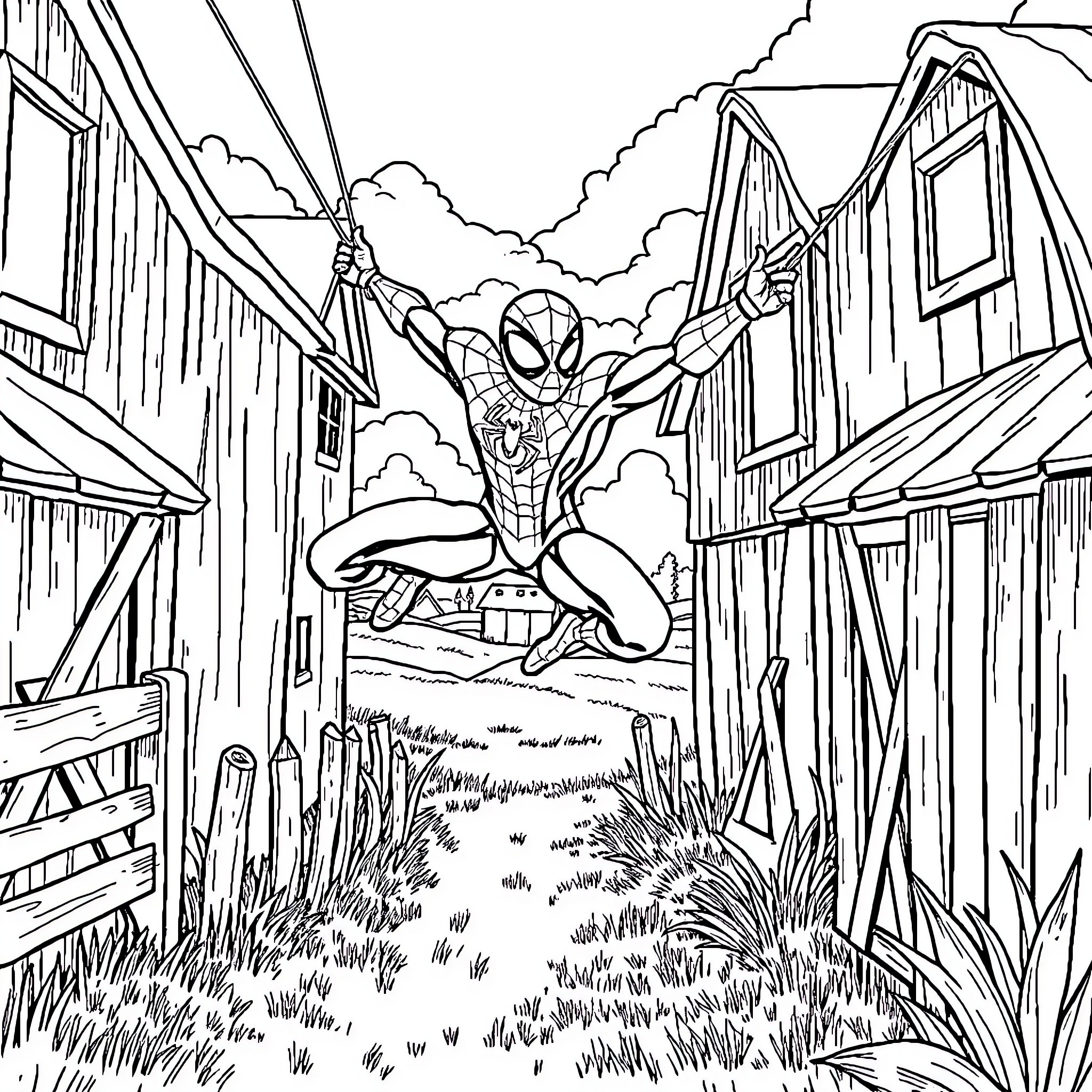 Spiderman swinging through the city streets Coloring Page (free black-and-white line drawing printable PDF for all, from beginners to advanced learners, including children, teens, adults, and seniors)