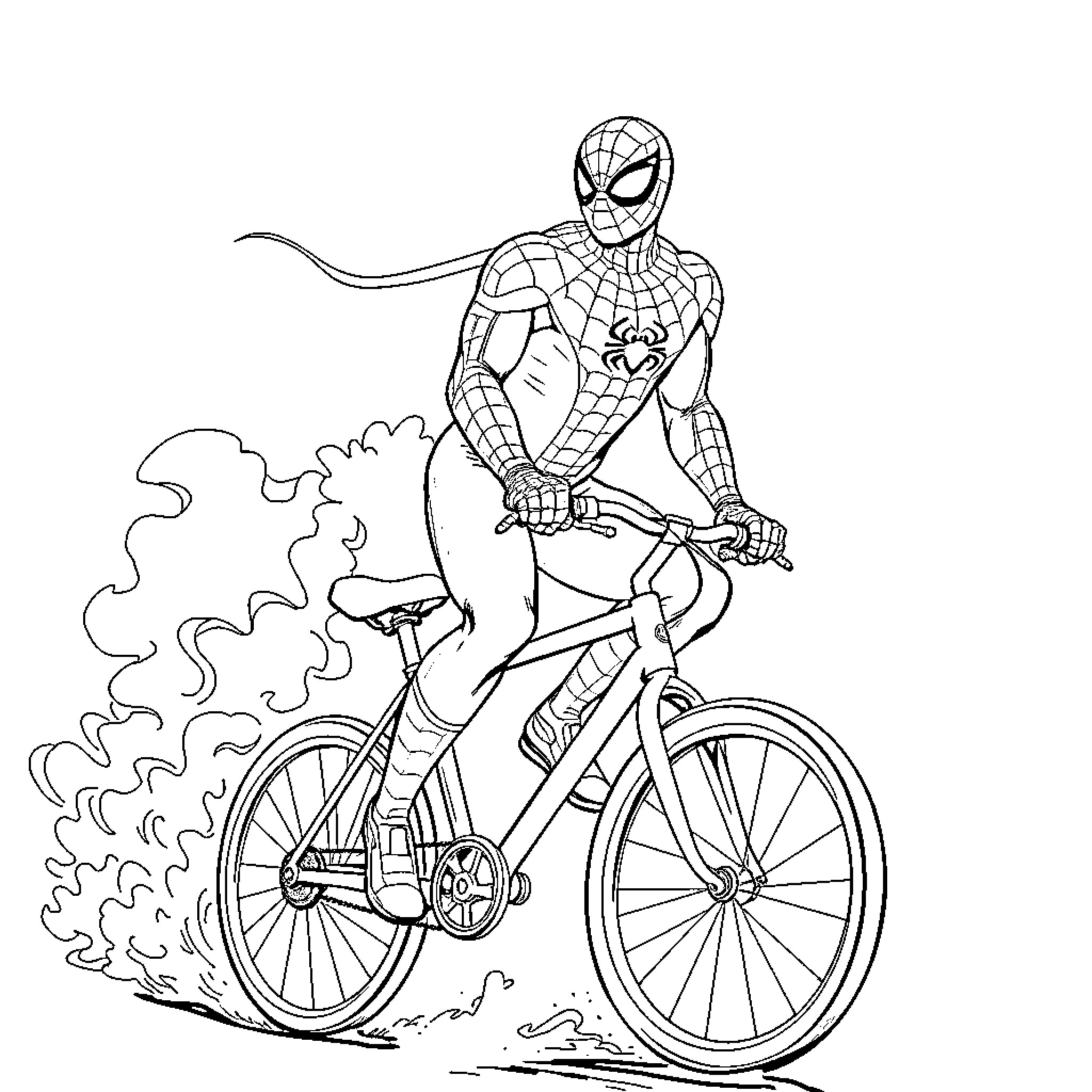 Spiderman riding a bicycle with determination Coloring Page (free black-and-white line drawing printable PDF for all, from beginners to advanced learners, including children, teens, adults, and seniors)