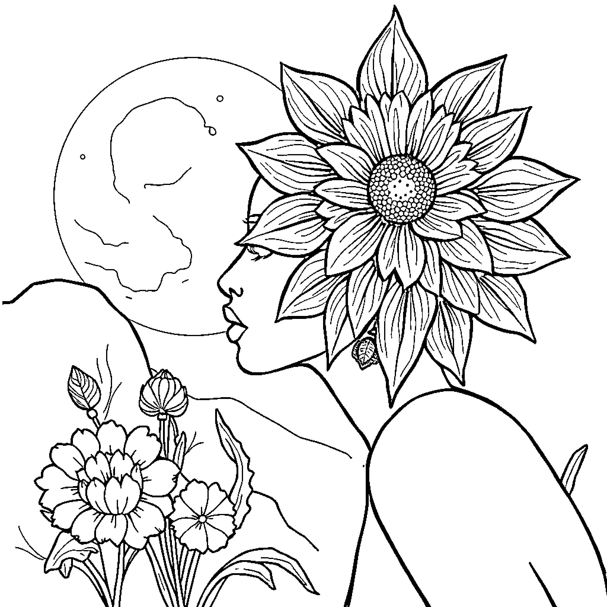 Floral profile with crescent moon Coloring Page (free black-and-white line drawing printable PDF for all, from beginners to advanced learners, including children, teens, adults, and seniors)