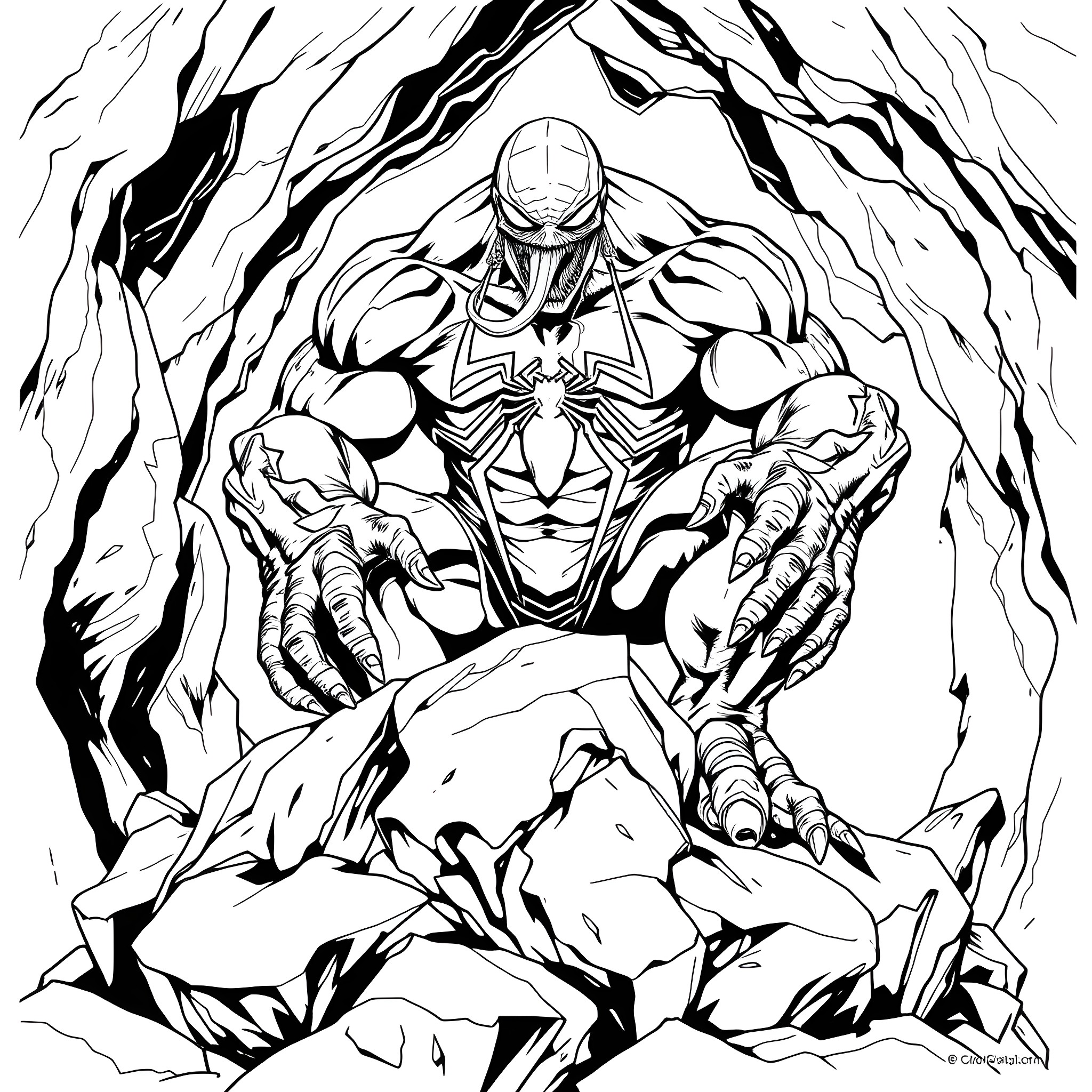 Venom battling fierce enemy in dark cavern Coloring Page (free black-and-white line drawing printable PDF for all, from beginners to advanced learners, including children, teens, adults, and seniors)