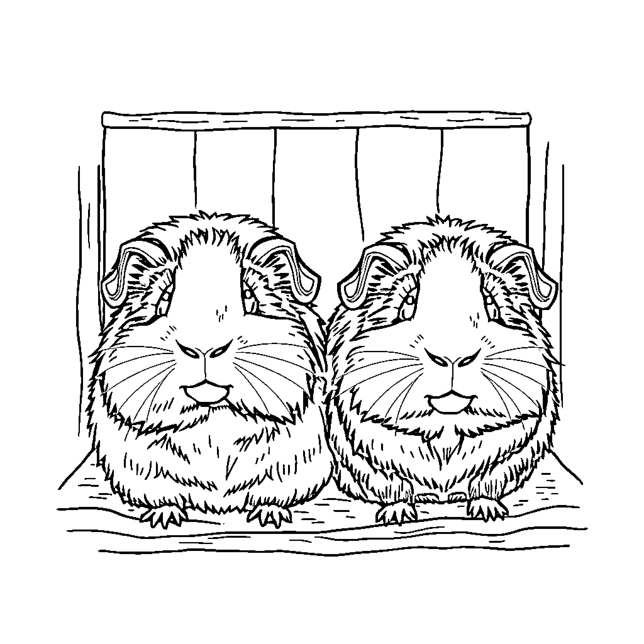 Guinea Pigs enjoying their cozy home Coloring Page (free black-and-white line drawing printable PDF for all, from beginners to advanced learners, including children, teens, adults, and seniors)