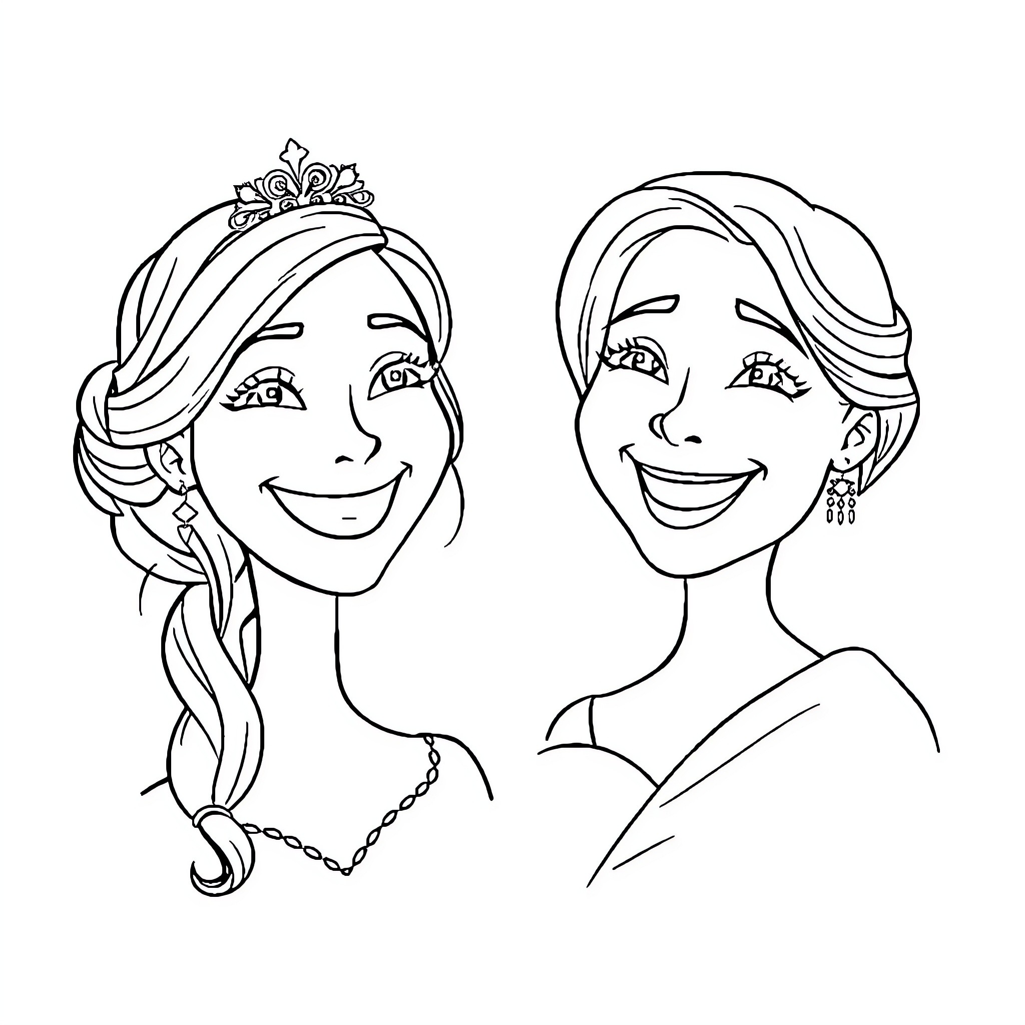 Women in elegant hairstyles and accessories Coloring Page (free black-and-white line drawing printable PDF for all, from beginners to advanced learners, including children, teens, adults, and seniors)