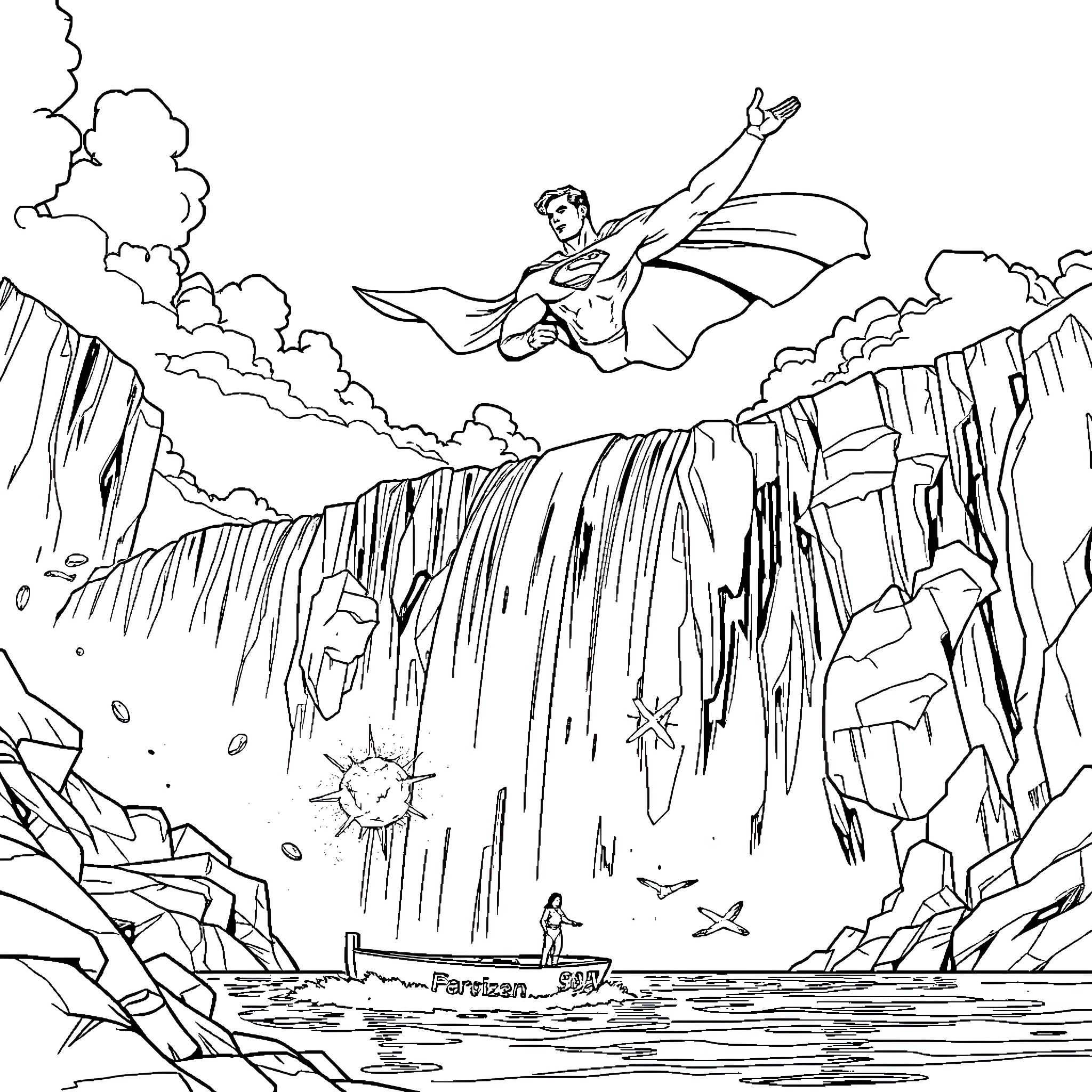 Superman soaring above the majestic waterfall Coloring Page (free black-and-white line drawing printable PDF for all, from beginners to advanced learners, including children, teens, adults, and seniors)