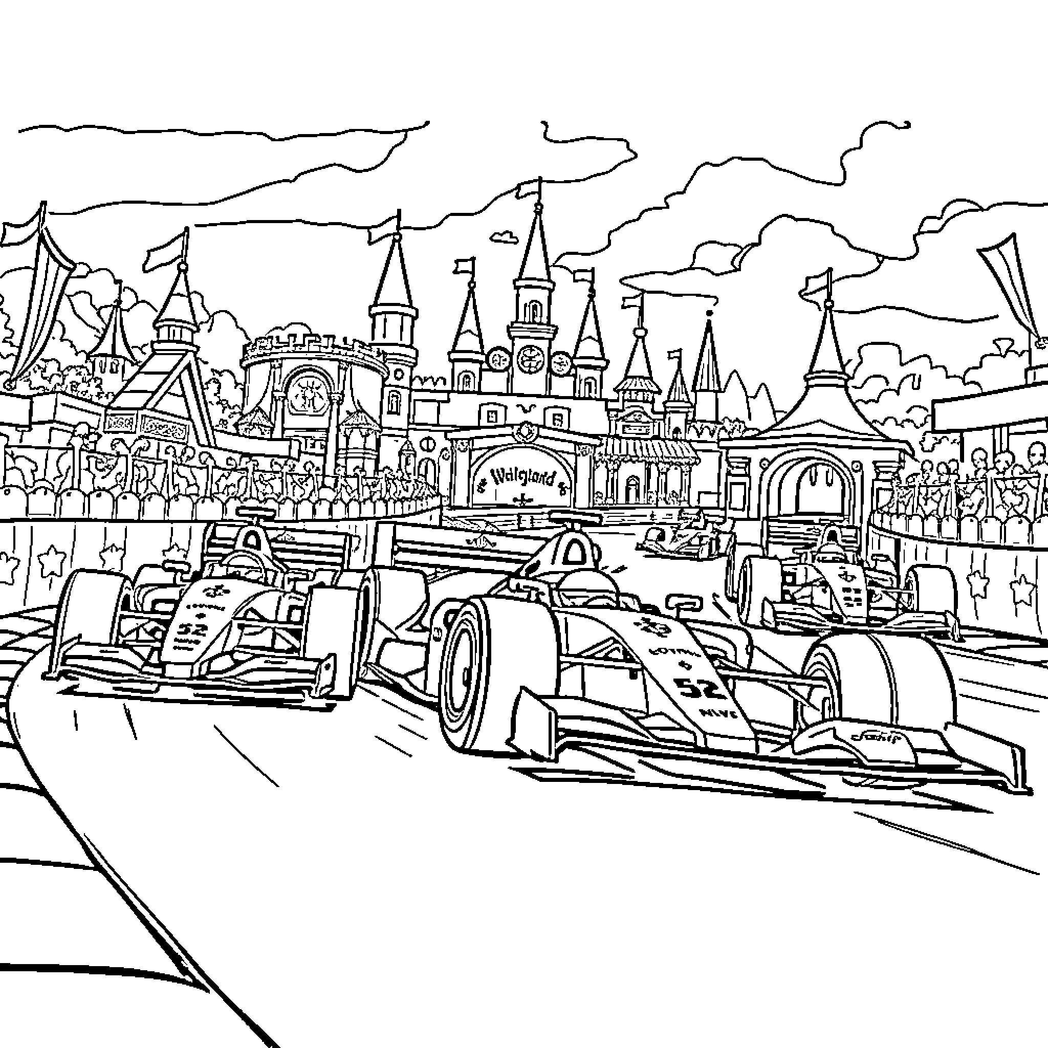Formula 1 Racers Competing in a Fantastical City Coloring Page (free black-and-white line drawing printable PDF for all, from beginners to advanced learners, including children, teens, adults, and seniors)