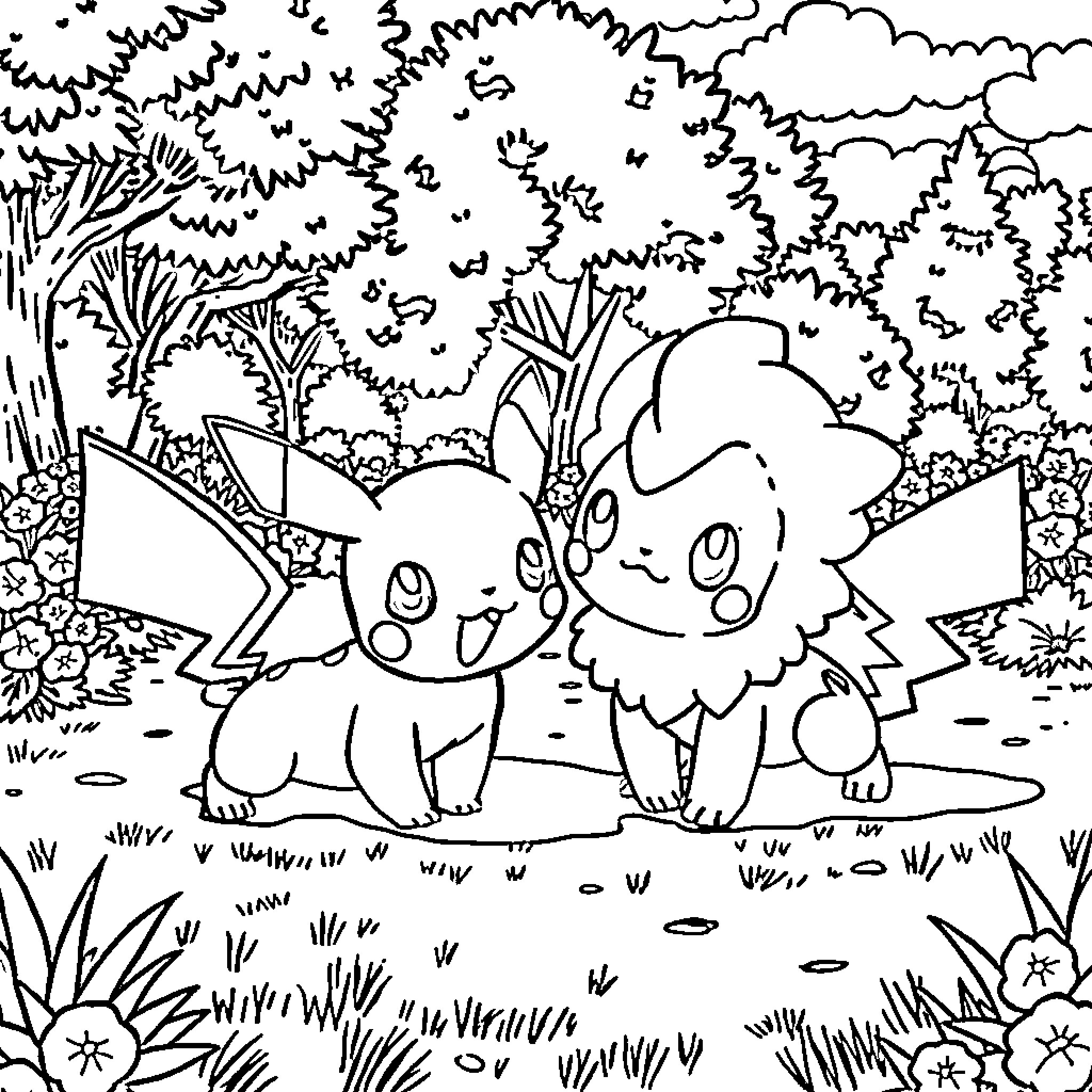 Pokémon characters exploring the forest Coloring Page (free black-and-white line drawing printable PDF for all, from beginners to advanced learners, including children, teens, adults, and seniors)